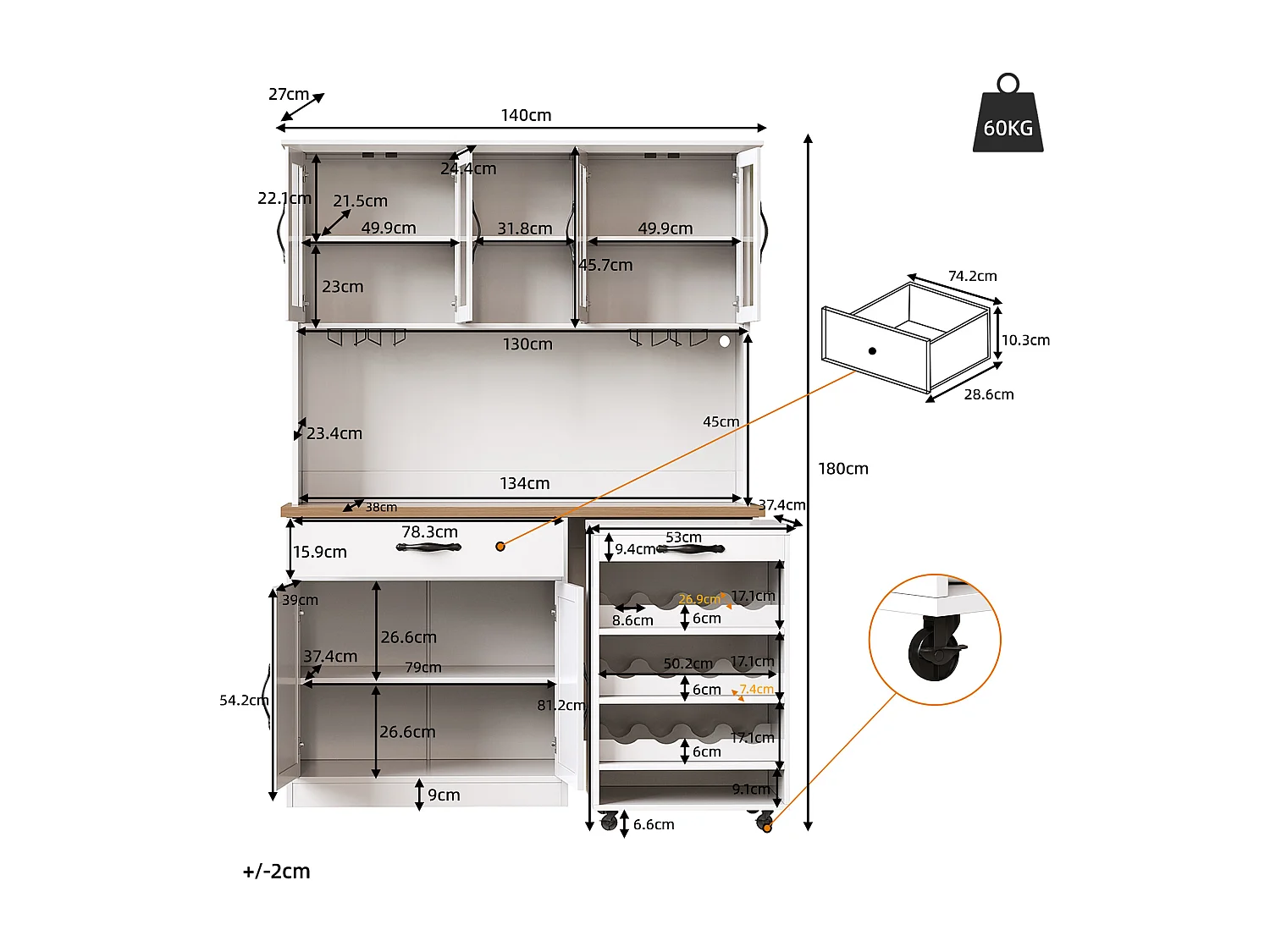 Buffet de cuisine haute - 140 x 38 x 180 cm - avec tiroir + portes + Leds + chariot à roulettes - MDF - blanc