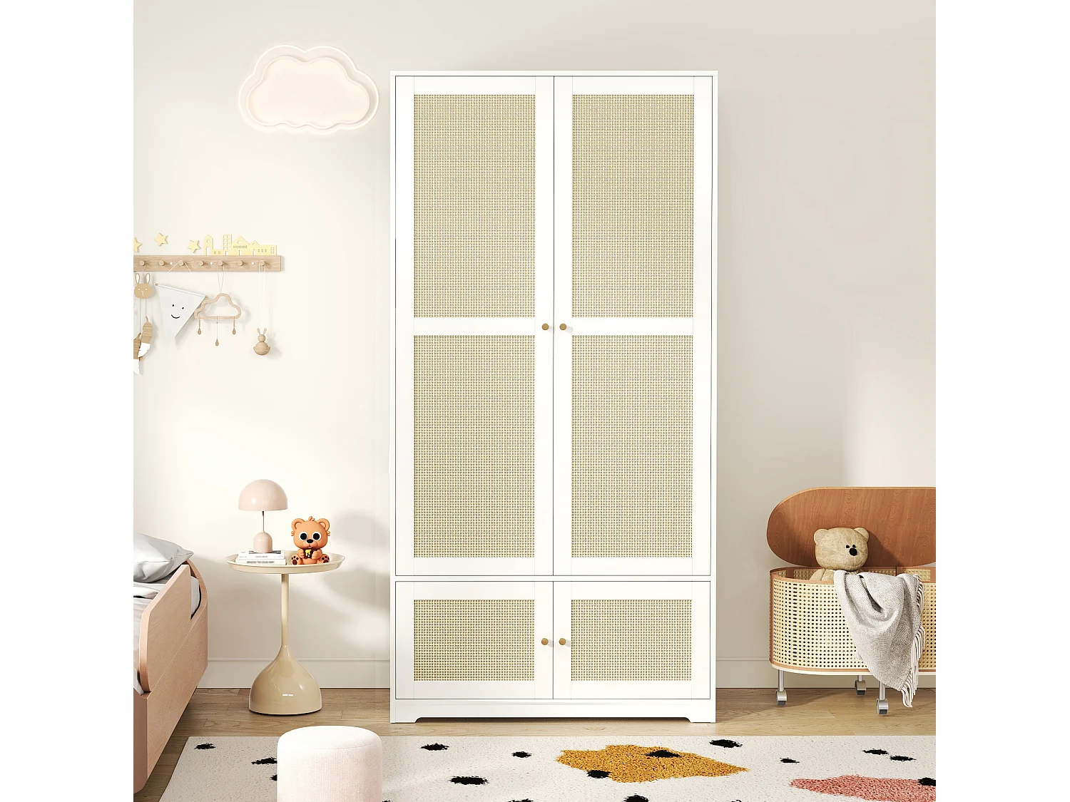 Rattan-Kleiderschrank – 90 x 48 x 180 cm – mit 2 Türen, Kleiderstange und Einlegeböden – aus MDF mit lackierten Fronten – weiß