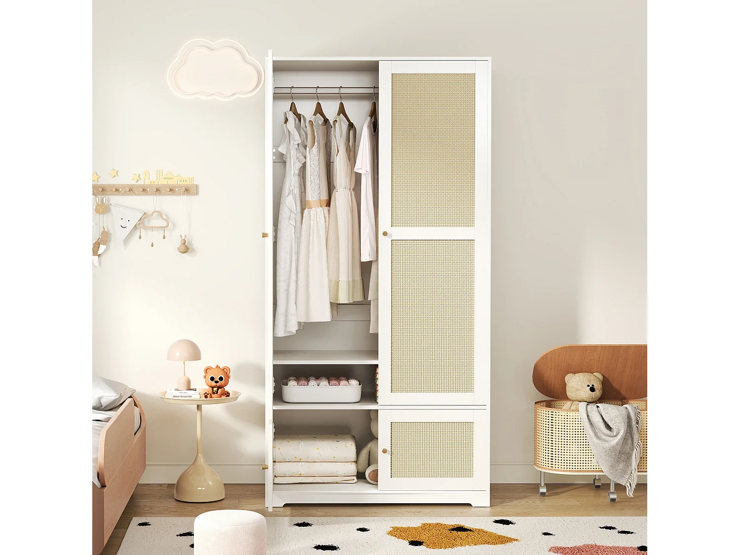 Rattan-Kleiderschrank – 90 x 48 x 180 cm – mit 2 Türen, Kleiderstange und Einlegeböden – aus MDF mit lackierten Fronten – weiß