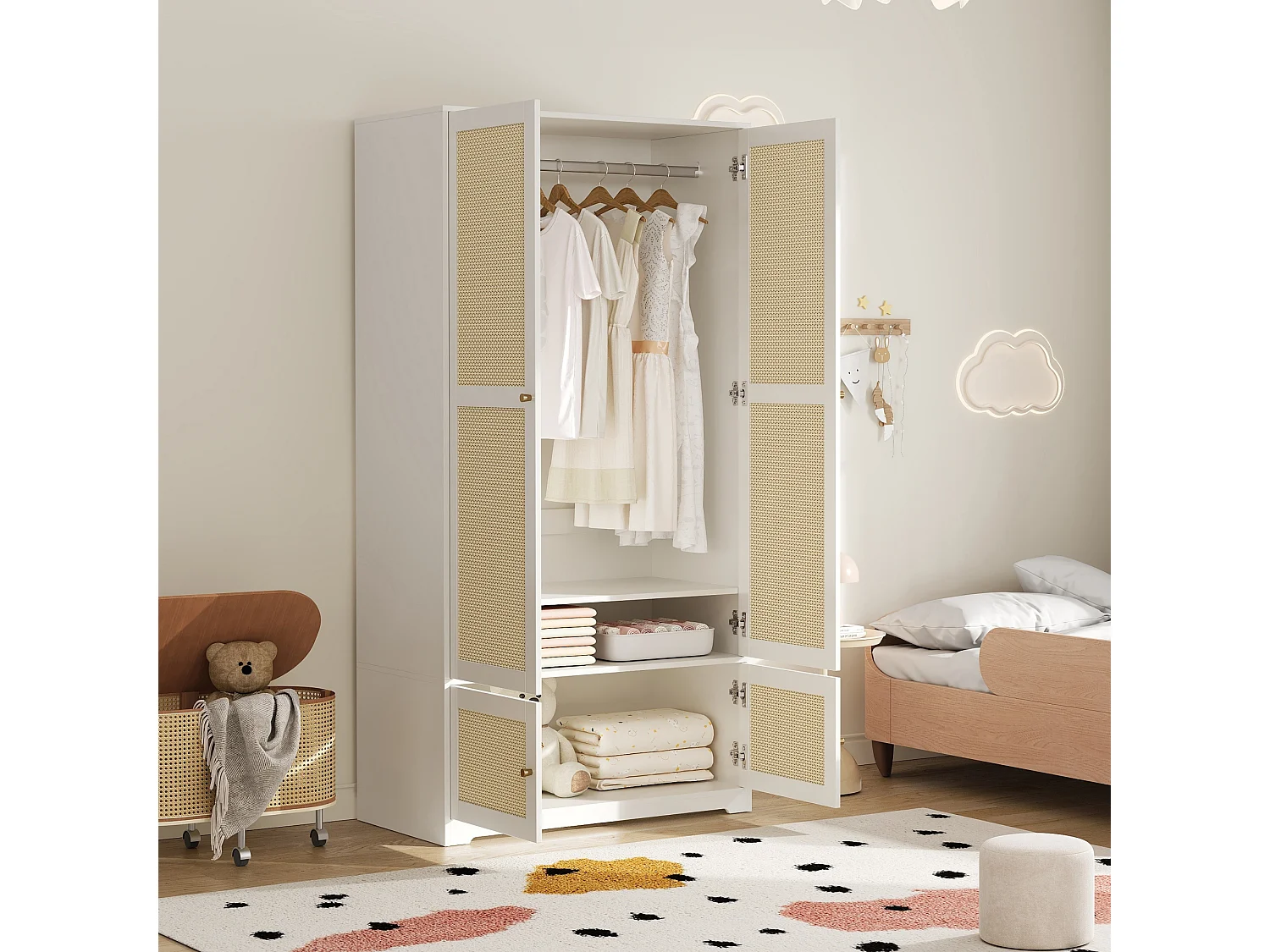 Rattan-Kleiderschrank – 90 x 48 x 180 cm – mit 2 Türen, Kleiderstange und Einlegeböden – aus MDF mit lackierten Fronten – weiß