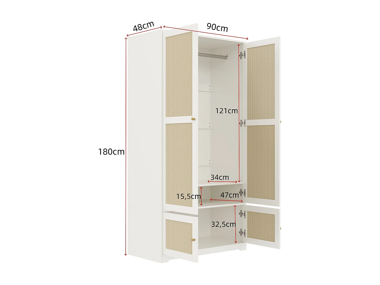 Rattan-Kleiderschrank – 90 x 48 x 180 cm – mit 2 Türen, Kleiderstange und Einlegeböden – aus MDF mit lackierten Fronten – weiß