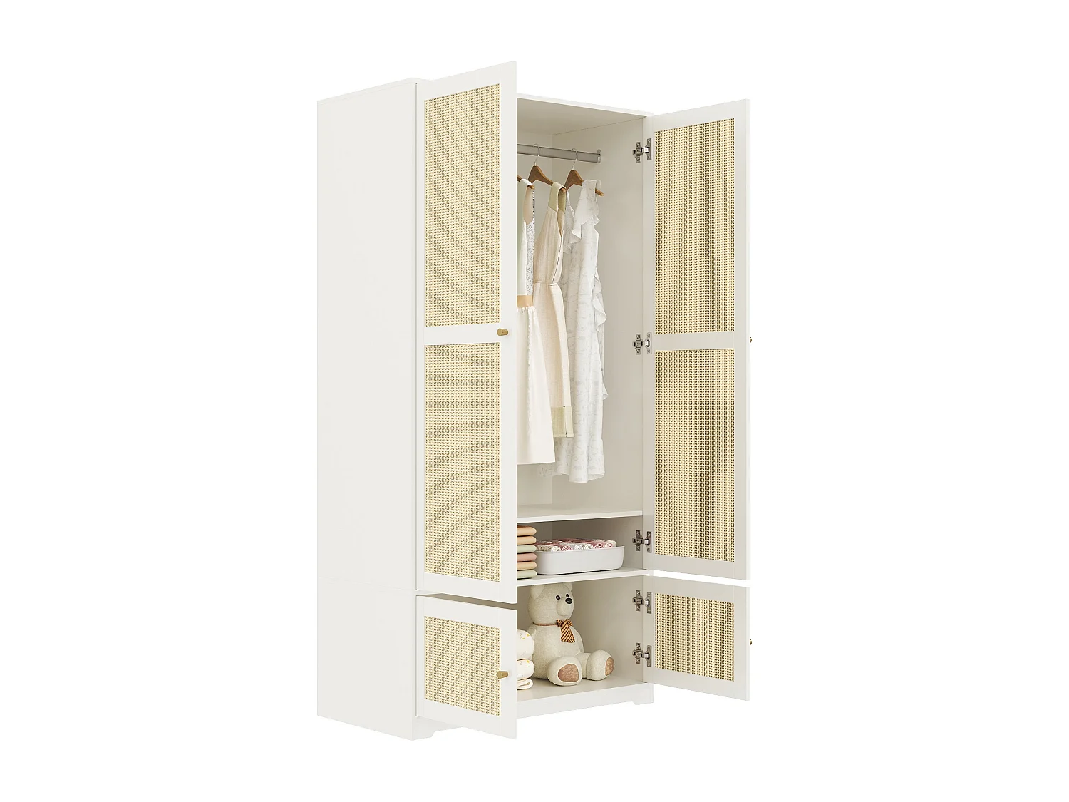 Rattan-Kleiderschrank – 90 x 48 x 180 cm – mit 2 Türen, Kleiderstange und Einlegeböden – aus MDF mit lackierten Fronten – weiß