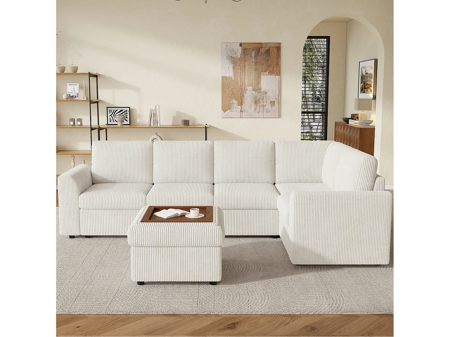 Ensemble Canapé d'angle - 160 x 40 x 82 cm - avec accoudoirs + 1 tabouret mobile de rangment - chenille - beige