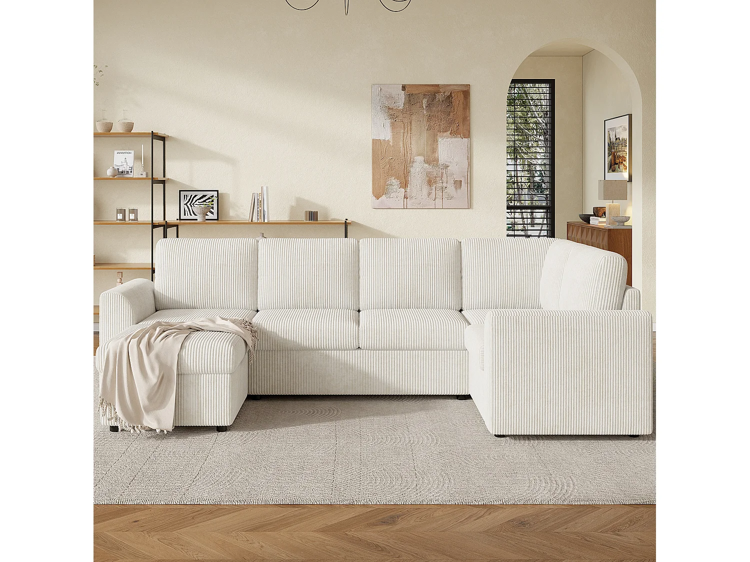 Ensemble Canapé d'angle - 160 x 40 x 82 cm - avec accoudoirs + 1 tabouret mobile de rangment - chenille - beige