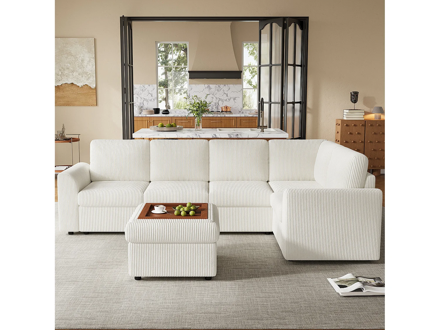 Ensemble Canapé d'angle - 160 x 40 x 82 cm - avec accoudoirs + 1 tabouret mobile de rangment - chenille - beige