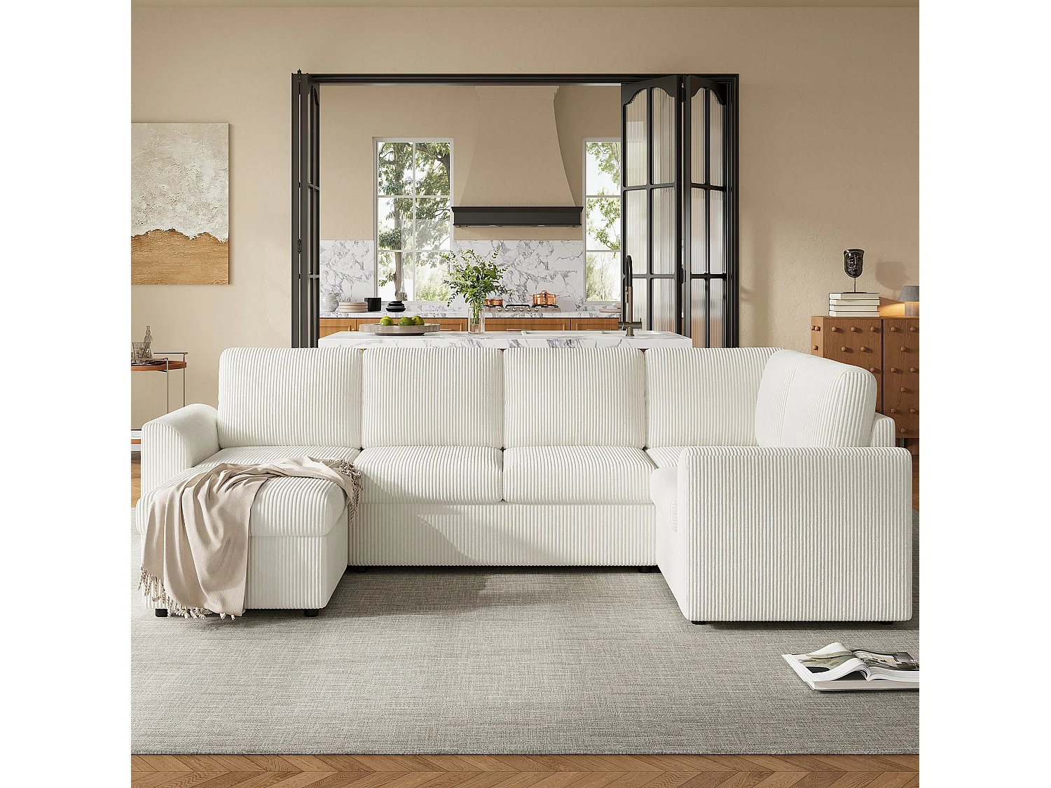 Ensemble Canapé d'angle - 160 x 40 x 82 cm - avec accoudoirs + 1 tabouret mobile de rangment - chenille - beige