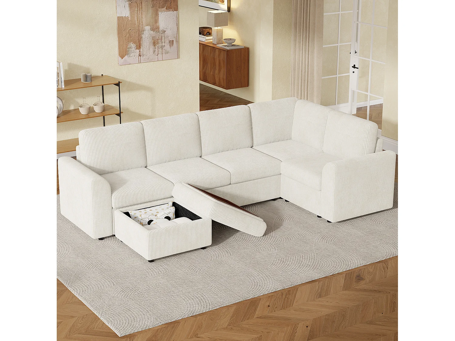 Ensemble Canapé d'angle - 160 x 40 x 82 cm - avec accoudoirs + 1 tabouret mobile de rangment - chenille - beige