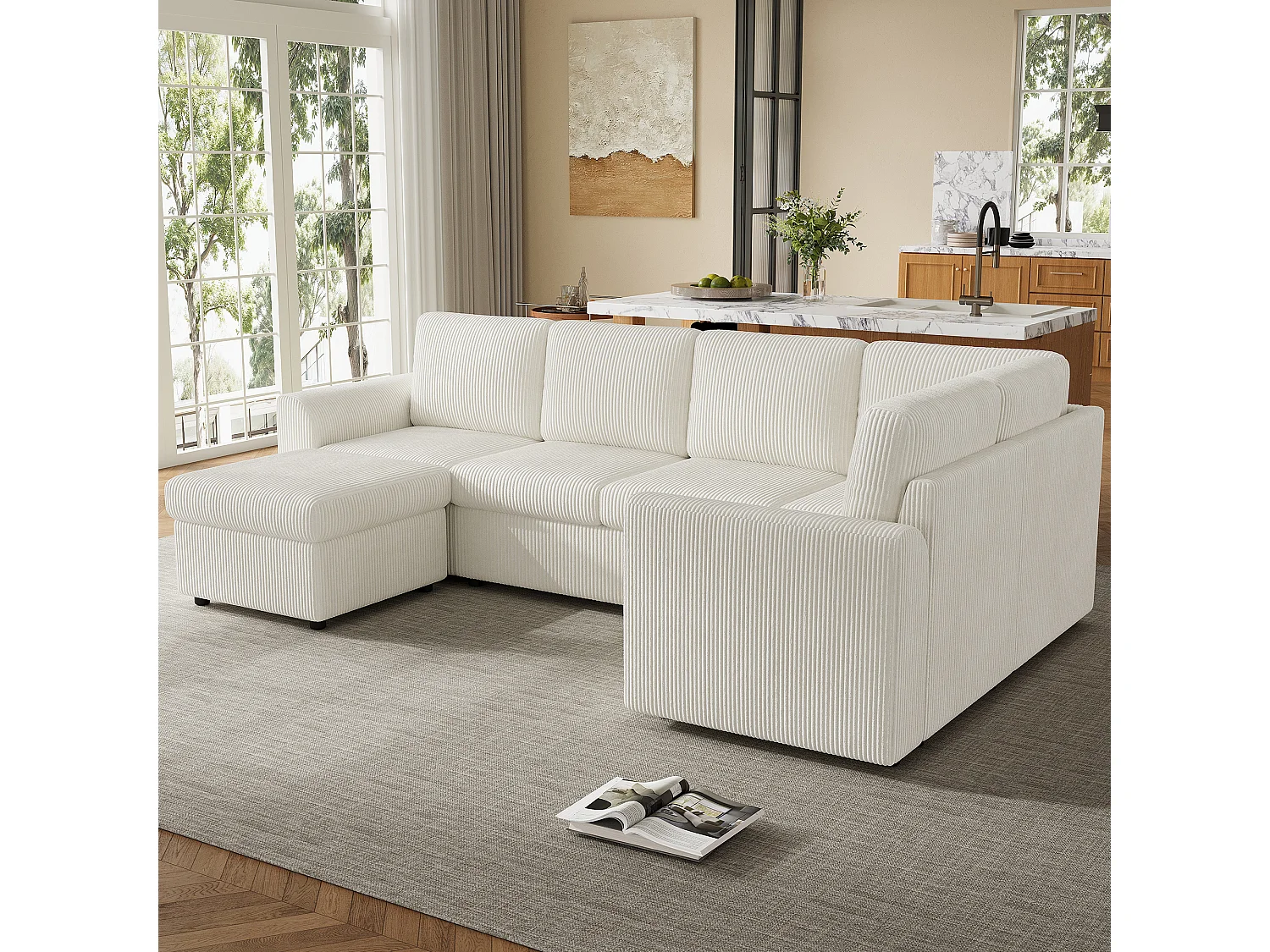 Ensemble Canapé d'angle - 160 x 40 x 82 cm - avec accoudoirs + 1 tabouret mobile de rangment - chenille - beige