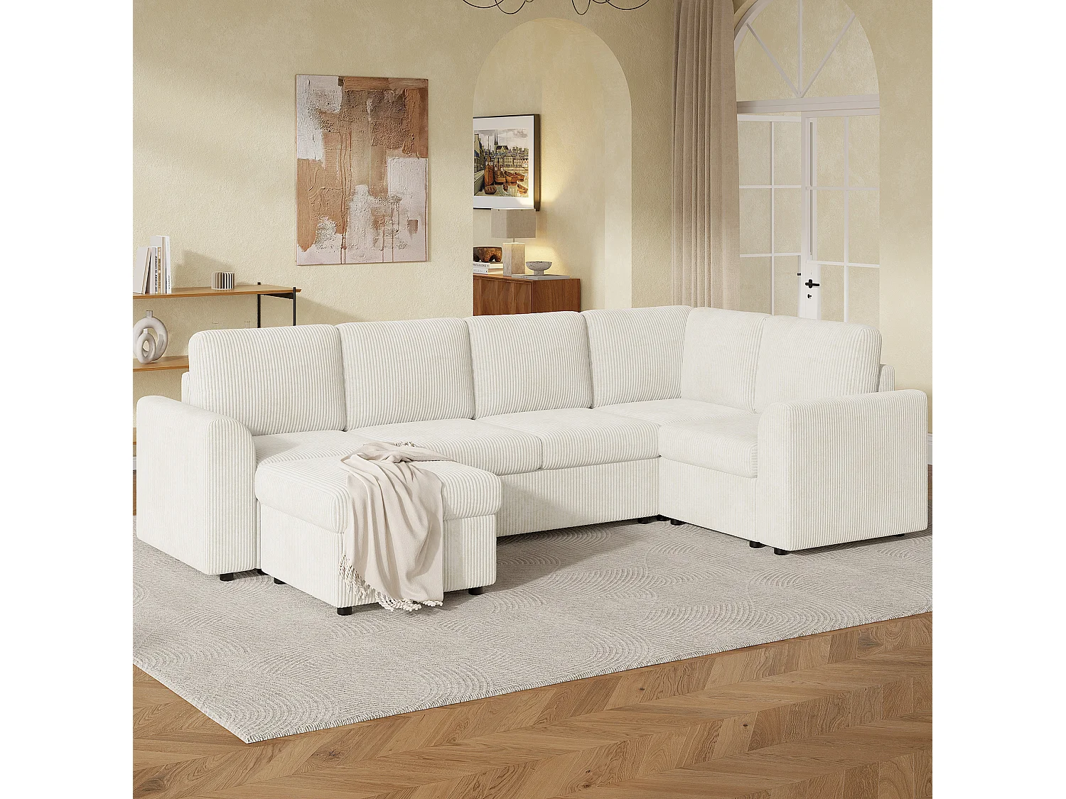 Ensemble Canapé d'angle - 160 x 40 x 82 cm - avec accoudoirs + 1 tabouret mobile de rangment - chenille - beige