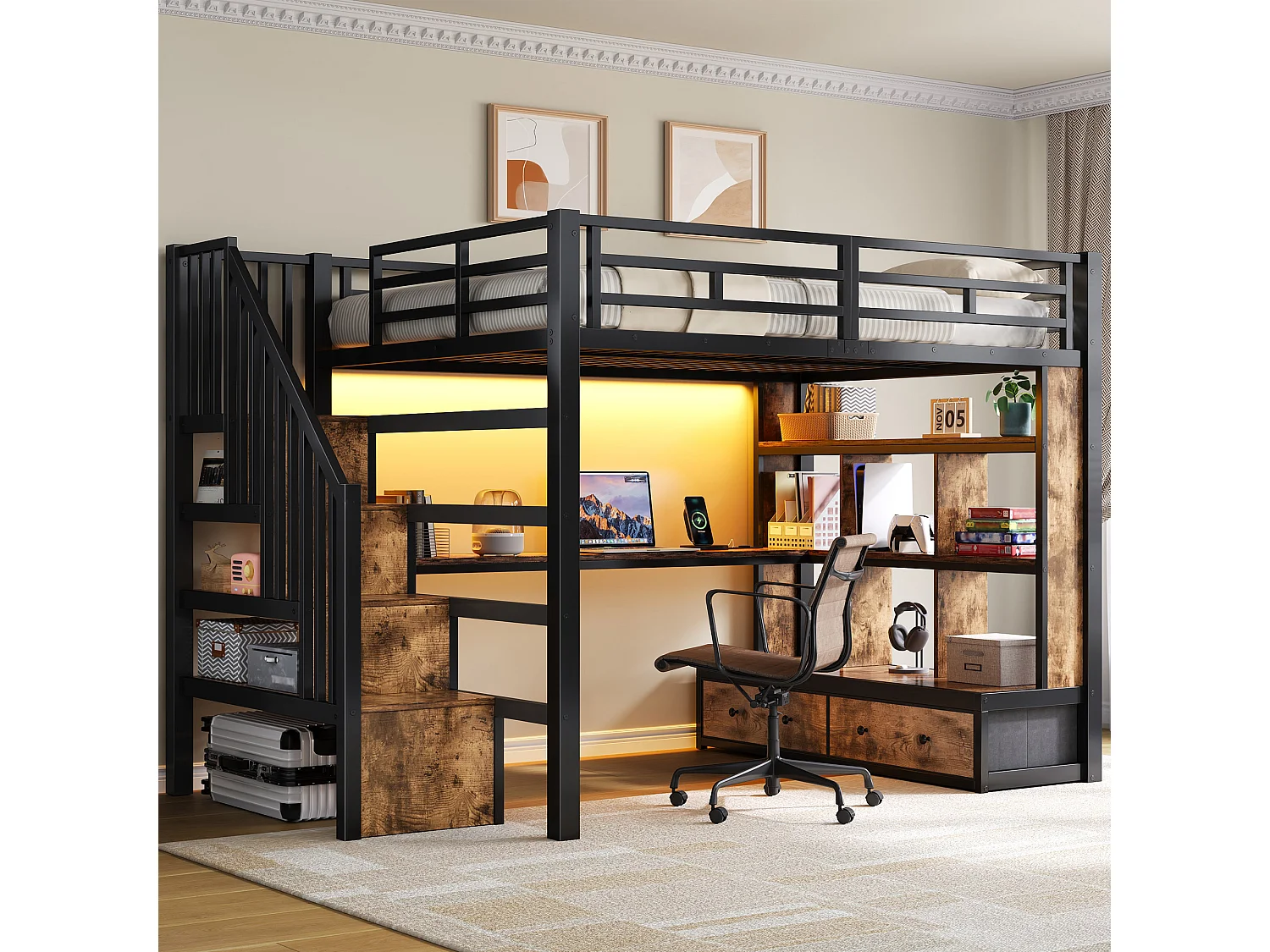 Metall-Hochbett – 140 x 200 cm – mit Schreibtisch, Regalen, 2 Schubladen und Leiter mit Stauraum – schwarz