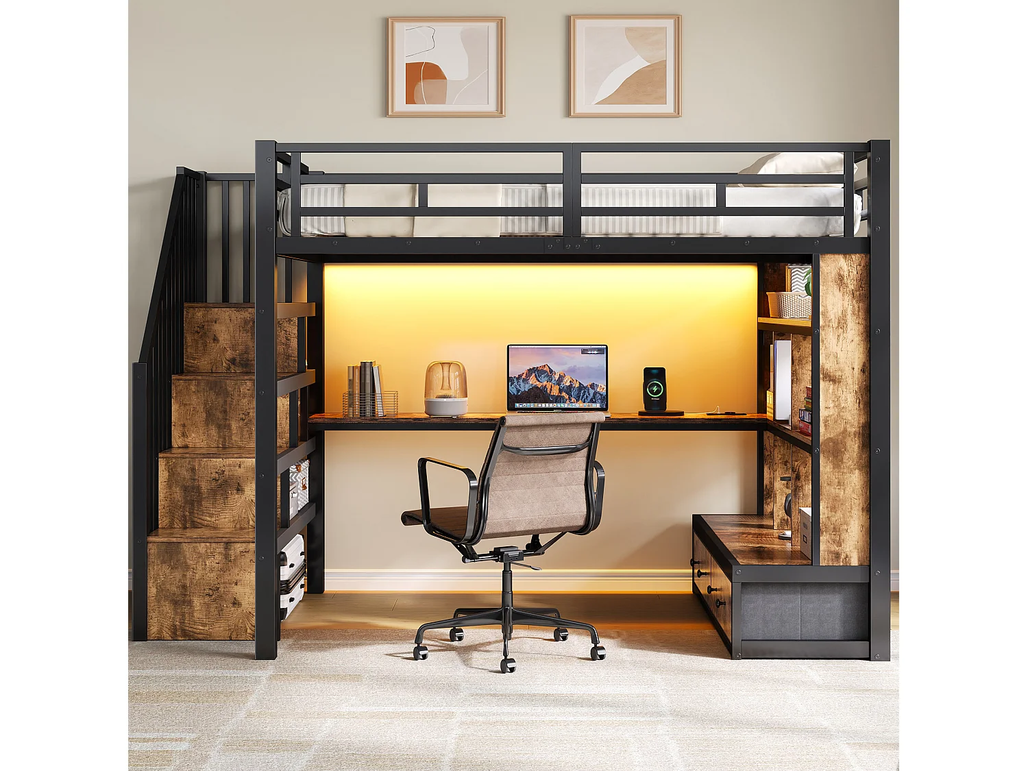 Metall-Hochbett – 140 x 200 cm – mit Schreibtisch, Regalen, 2 Schubladen und Leiter mit Stauraum – schwarz