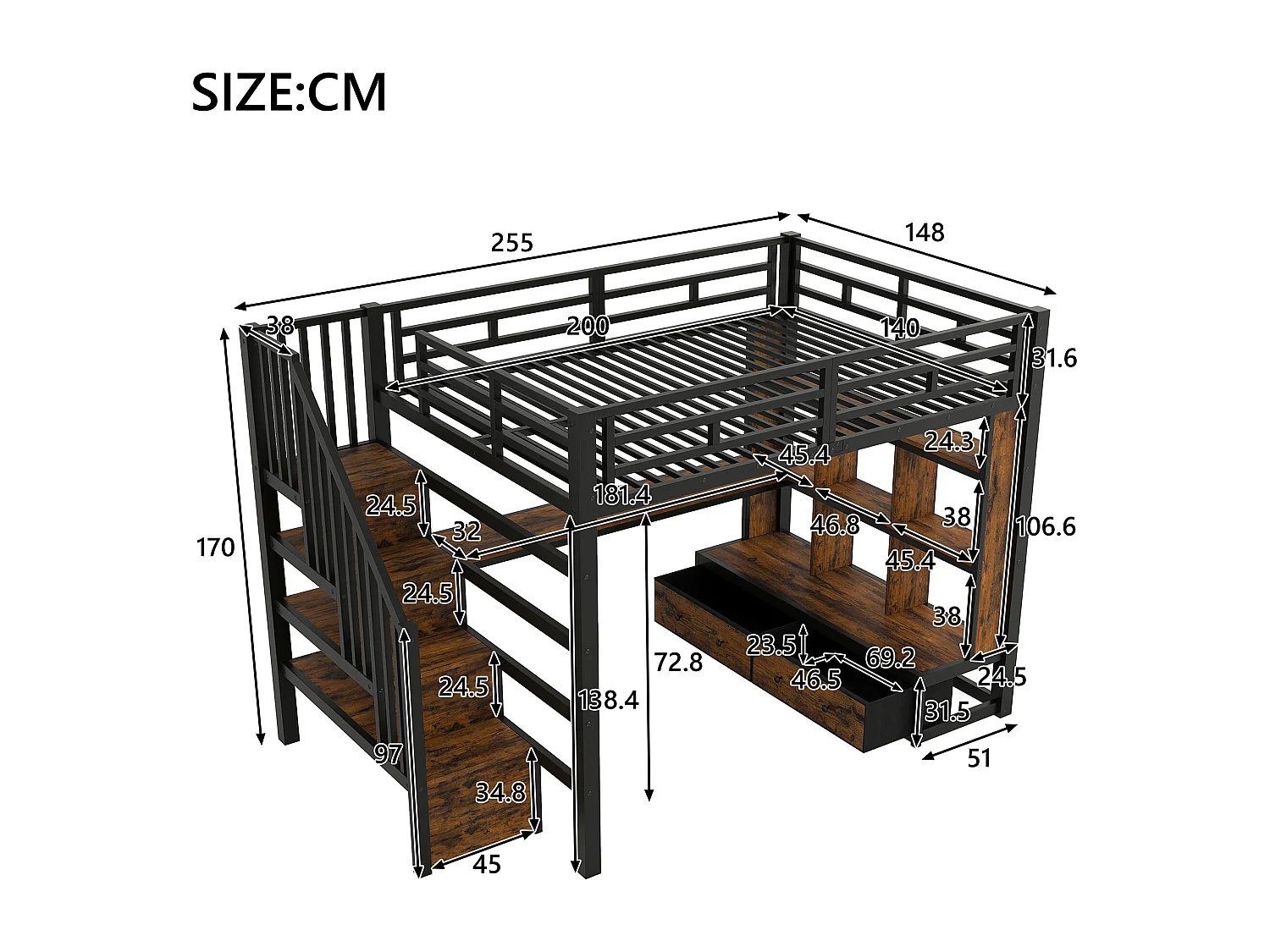 Metall-Hochbett – 140 x 200 cm – mit Schreibtisch, Regalen, 2 Schubladen und Leiter mit Stauraum – schwarz