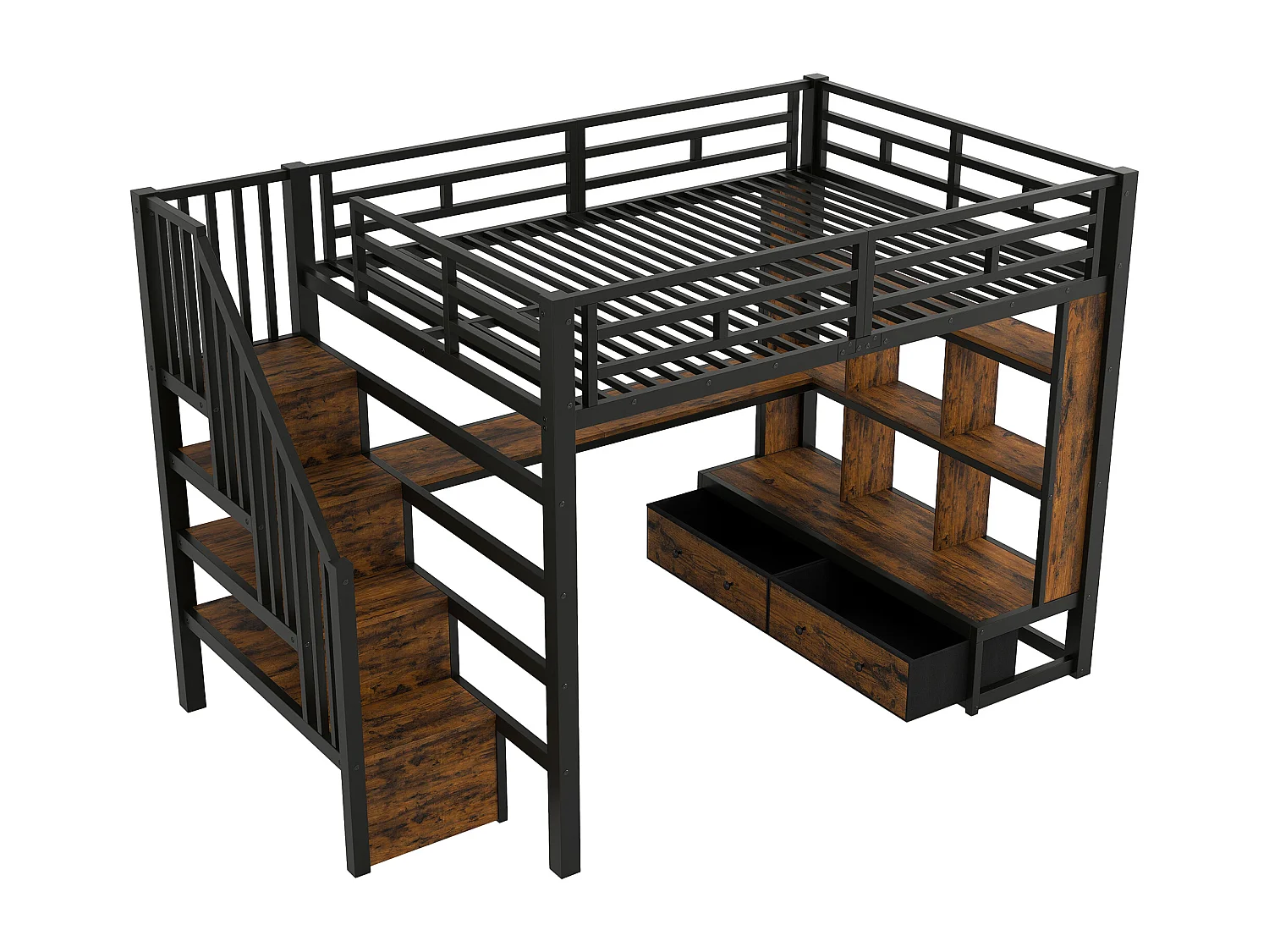 Metall-Hochbett – 140 x 200 cm – mit Schreibtisch, Regalen, 2 Schubladen und Leiter mit Stauraum – schwarz