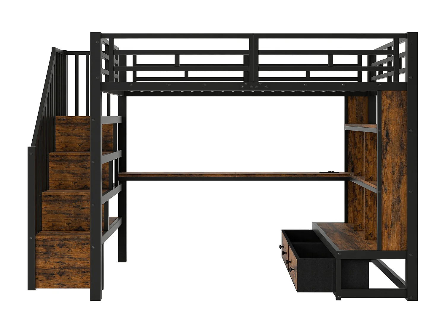 Metall-Hochbett – 140 x 200 cm – mit Schreibtisch, Regalen, 2 Schubladen und Leiter mit Stauraum – schwarz