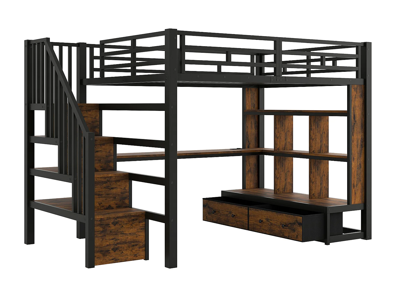 Metall-Hochbett – 140 x 200 cm – mit Schreibtisch, Regalen, 2 Schubladen und Leiter mit Stauraum – schwarz