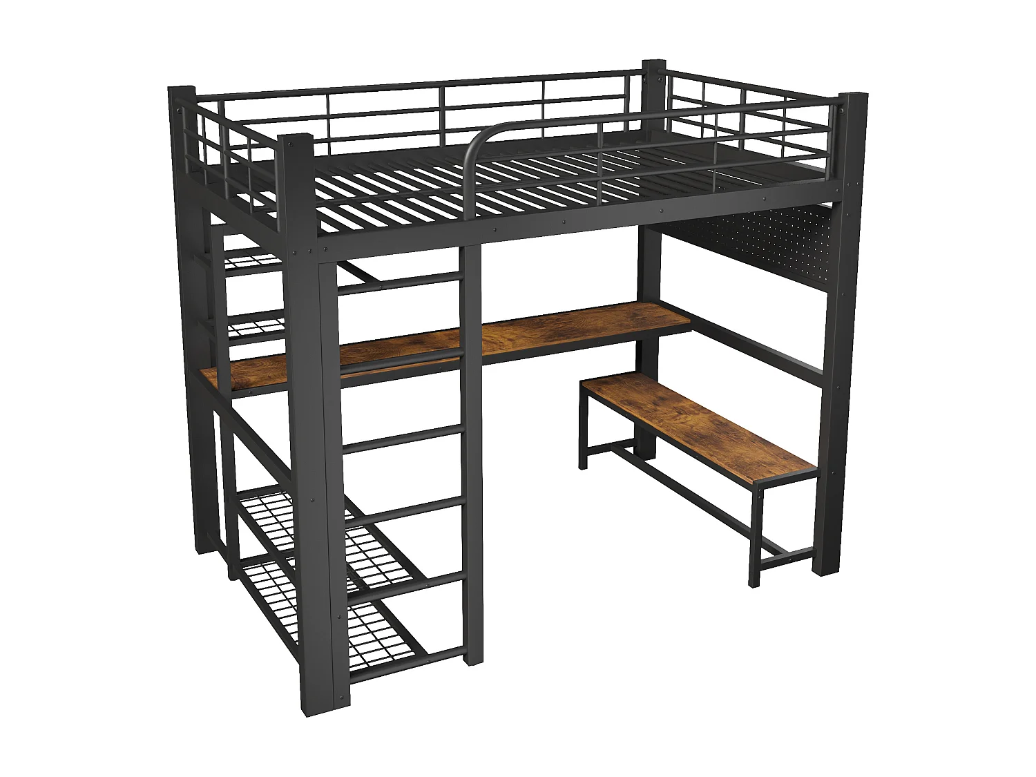 Hochbett aus Metall für Kinder – 140 x 200 cm – mit LED-Beleuchtung, Ablagefächern, Schreibtisch und Wäscheständer – schwarz