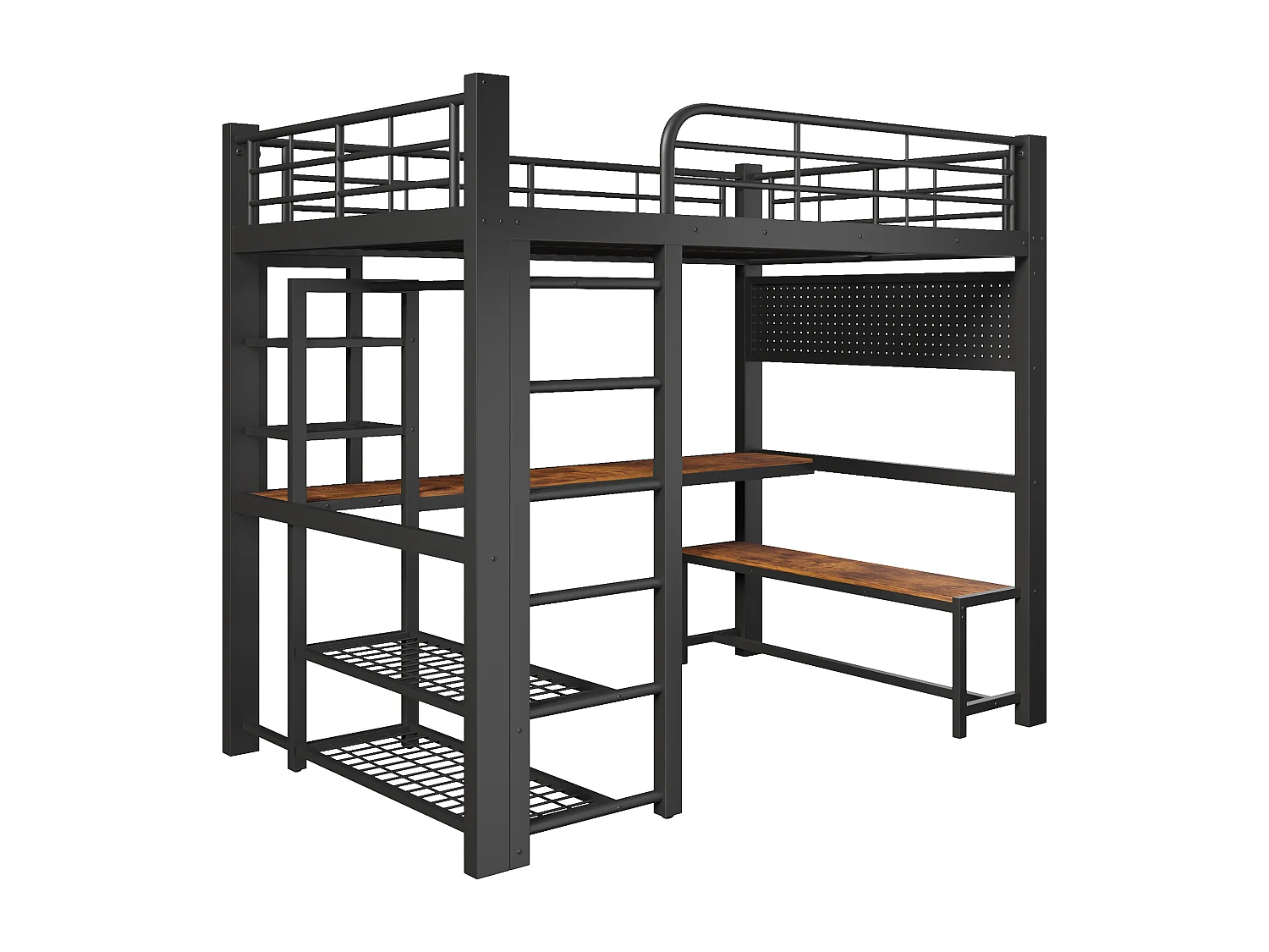 Hochbett aus Metall für Kinder – 140 x 200 cm – mit LED-Beleuchtung, Ablagefächern, Schreibtisch und Wäscheständer – schwarz