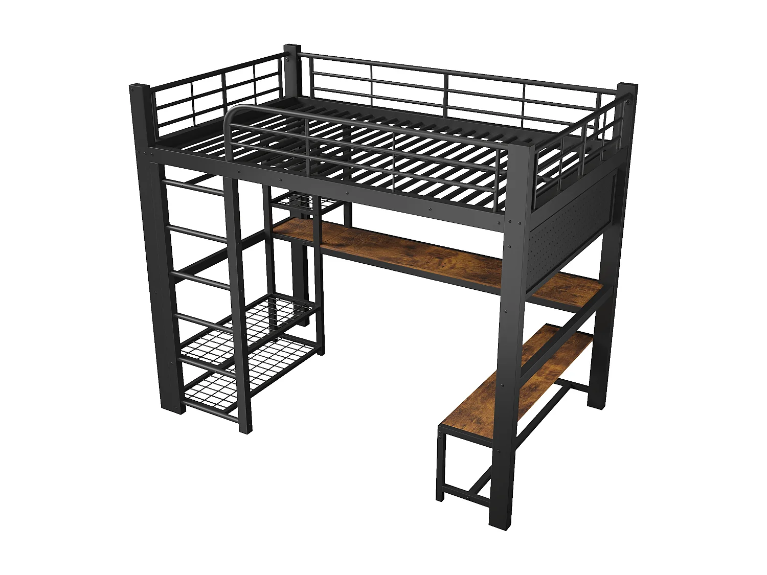 Hochbett aus Metall für Kinder – 140 x 200 cm – mit LED-Beleuchtung, Ablagefächern, Schreibtisch und Wäscheständer – schwarz