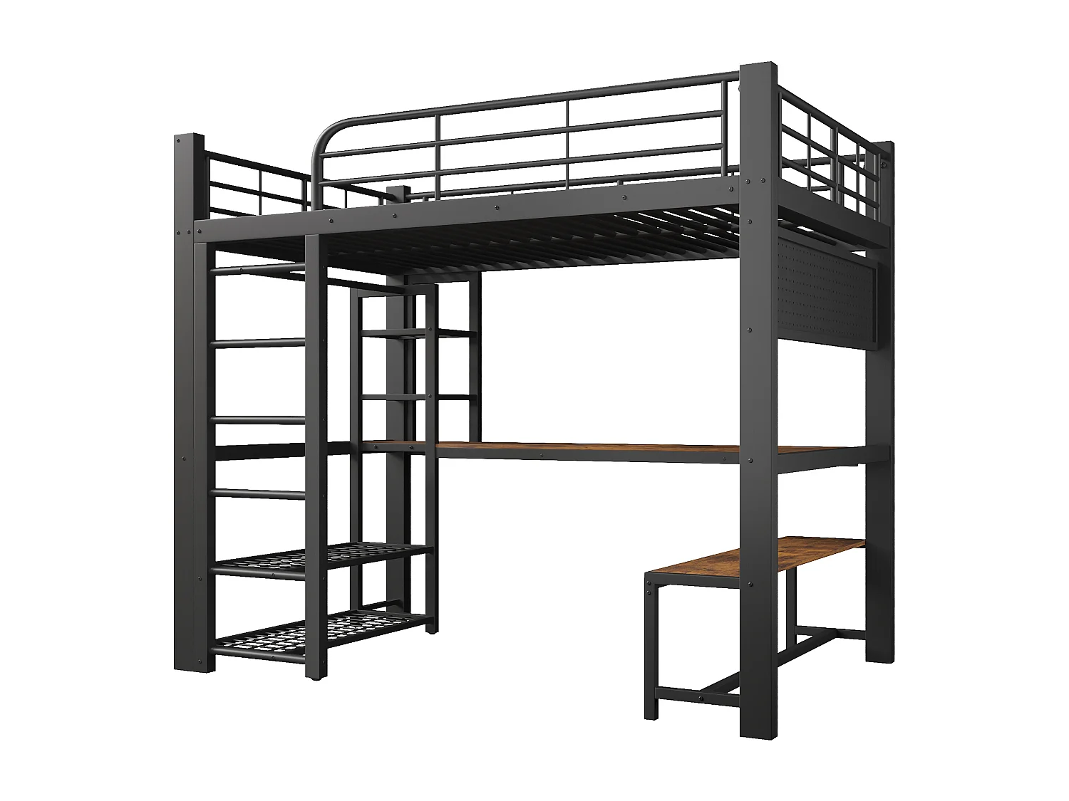 Hochbett aus Metall für Kinder – 140 x 200 cm – mit LED-Beleuchtung, Ablagefächern, Schreibtisch und Wäscheständer – schwarz