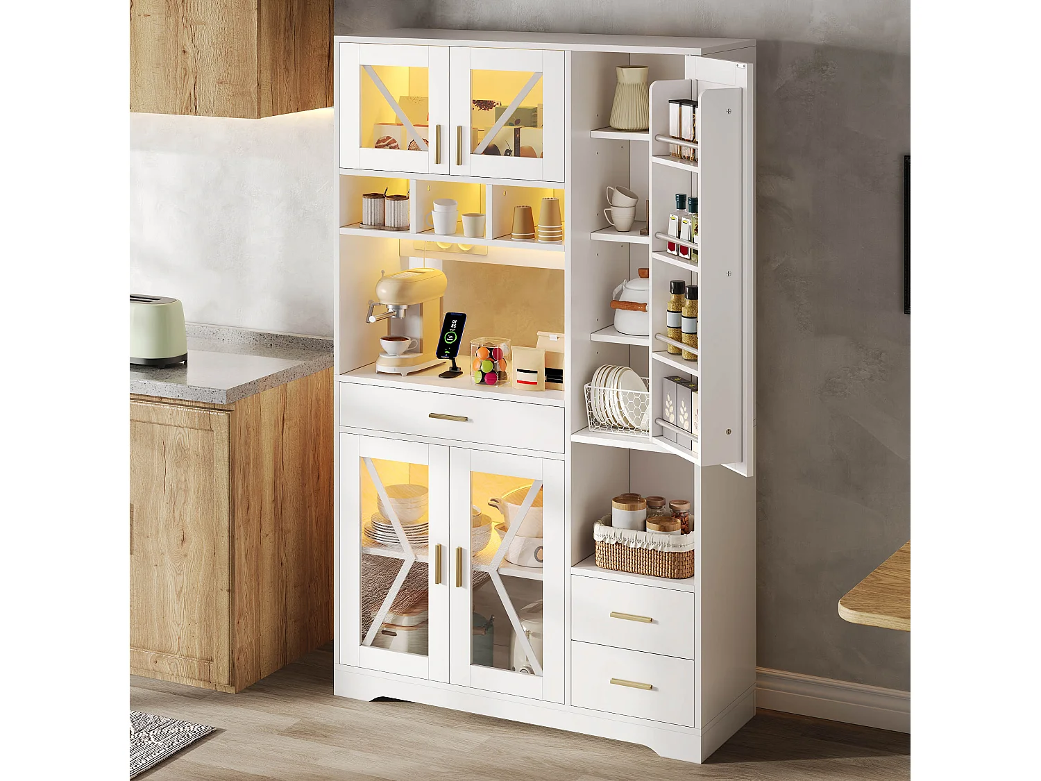 Buffet de cuisine hayt de style grange - 105 x 40 x 185 cm - avec étagères + tiroirs + Leds + portes - MDF - blanc