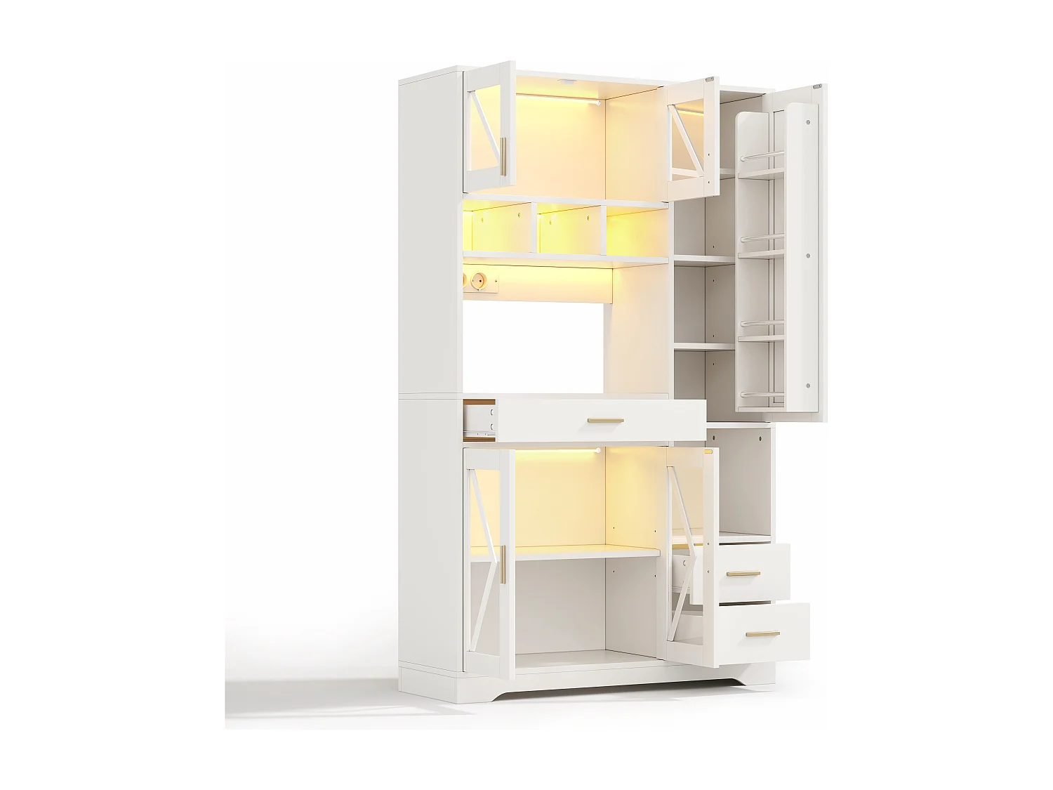 Buffet de cuisine hayt de style grange - 105 x 40 x 185 cm - avec étagères + tiroirs + Leds + portes - MDF - blanc