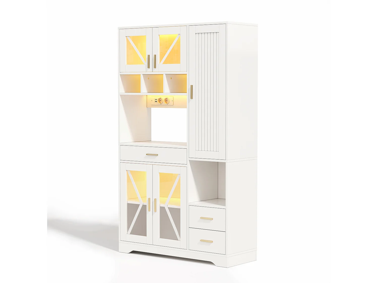 Buffet de cuisine hayt de style grange - 105 x 40 x 185 cm - avec étagères + tiroirs + Leds + portes - MDF - blanc