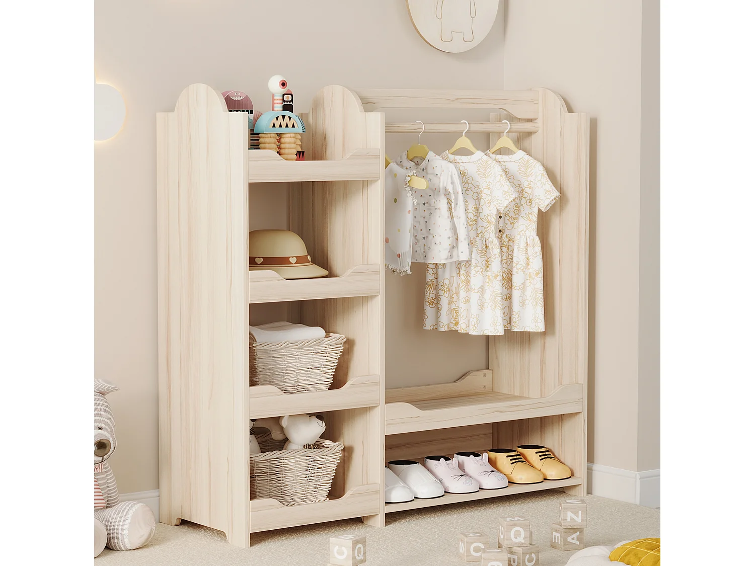 Kinderkleiderschrank mit Kleiderstange und 4 Rollen – 110 x 39 x 110 cm – Holz – Natur