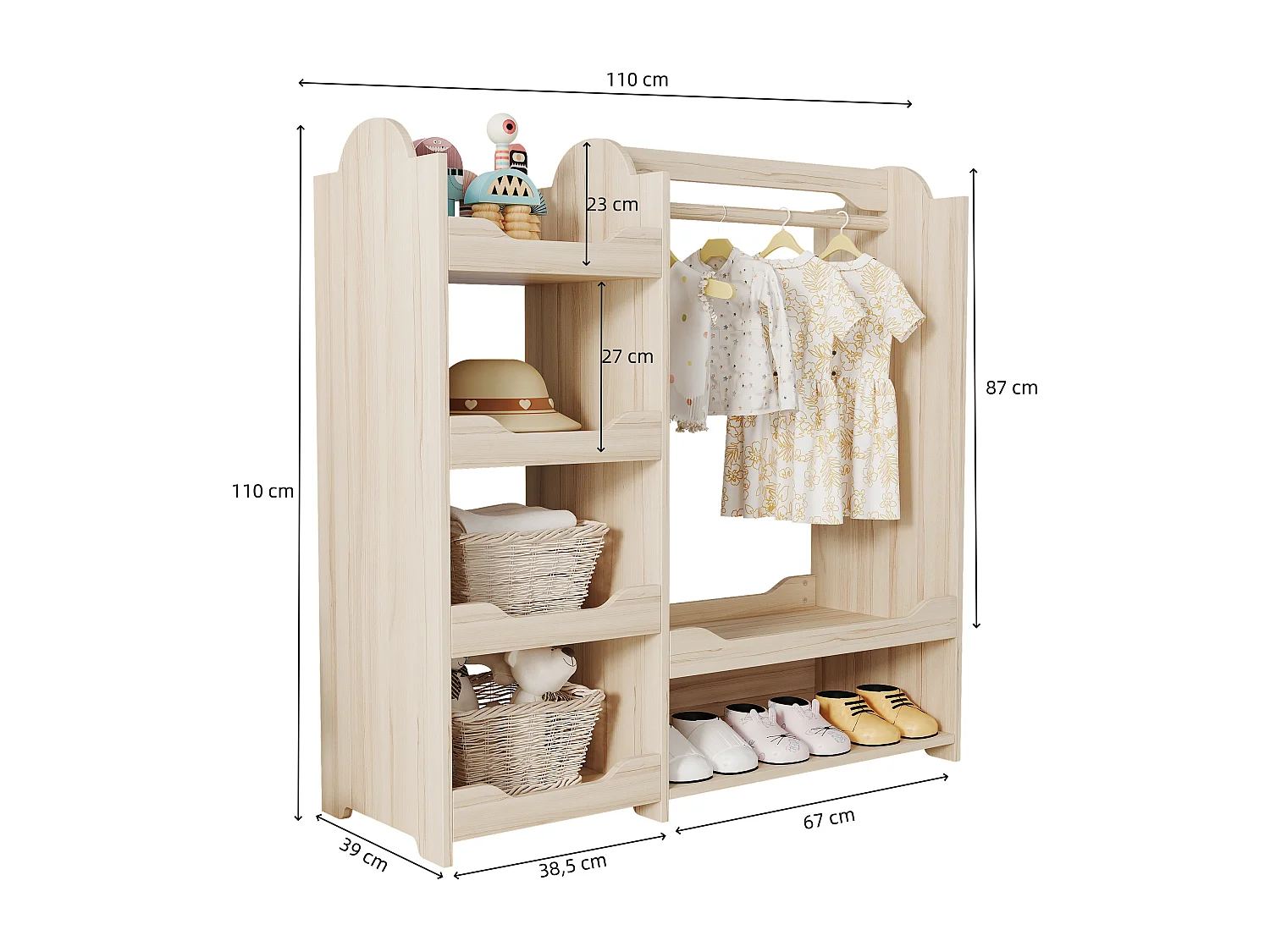 Kinderkleiderschrank mit Kleiderstange und 4 Rollen – 110 x 39 x 110 cm – Holz – Natur