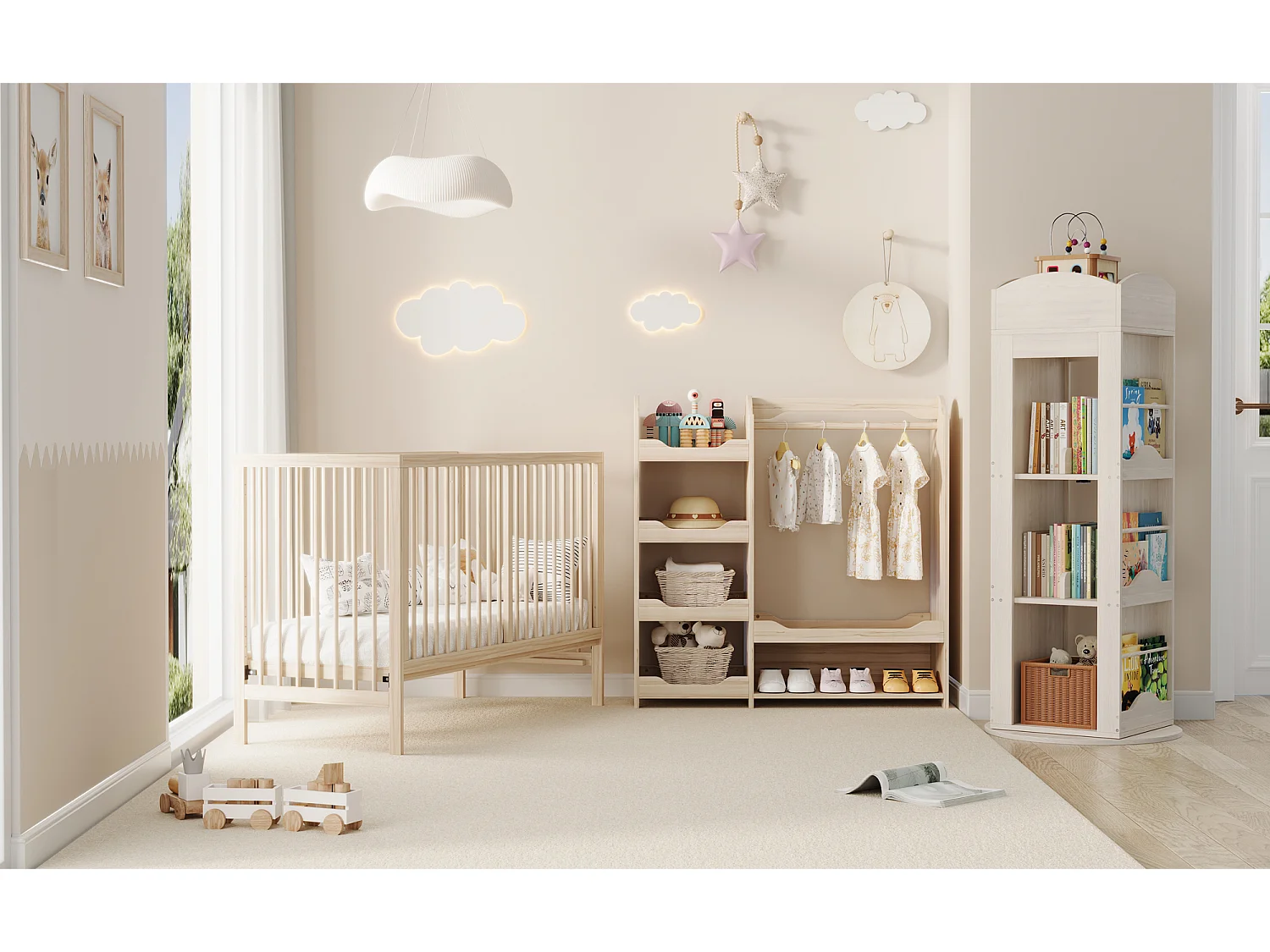 Kinderkleiderschrank mit Kleiderstange und 4 Rollen – 110 x 39 x 110 cm – Holz – Natur