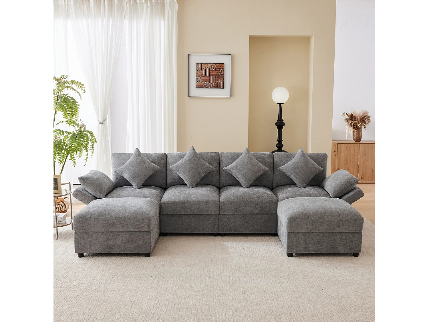 Ensemble canapé 6 places - 284 x 156.5 x 86 cm - avec 2 poufs + accoudoirs réglables + 4 coussins + 2 appuie-têtes - velours - gris