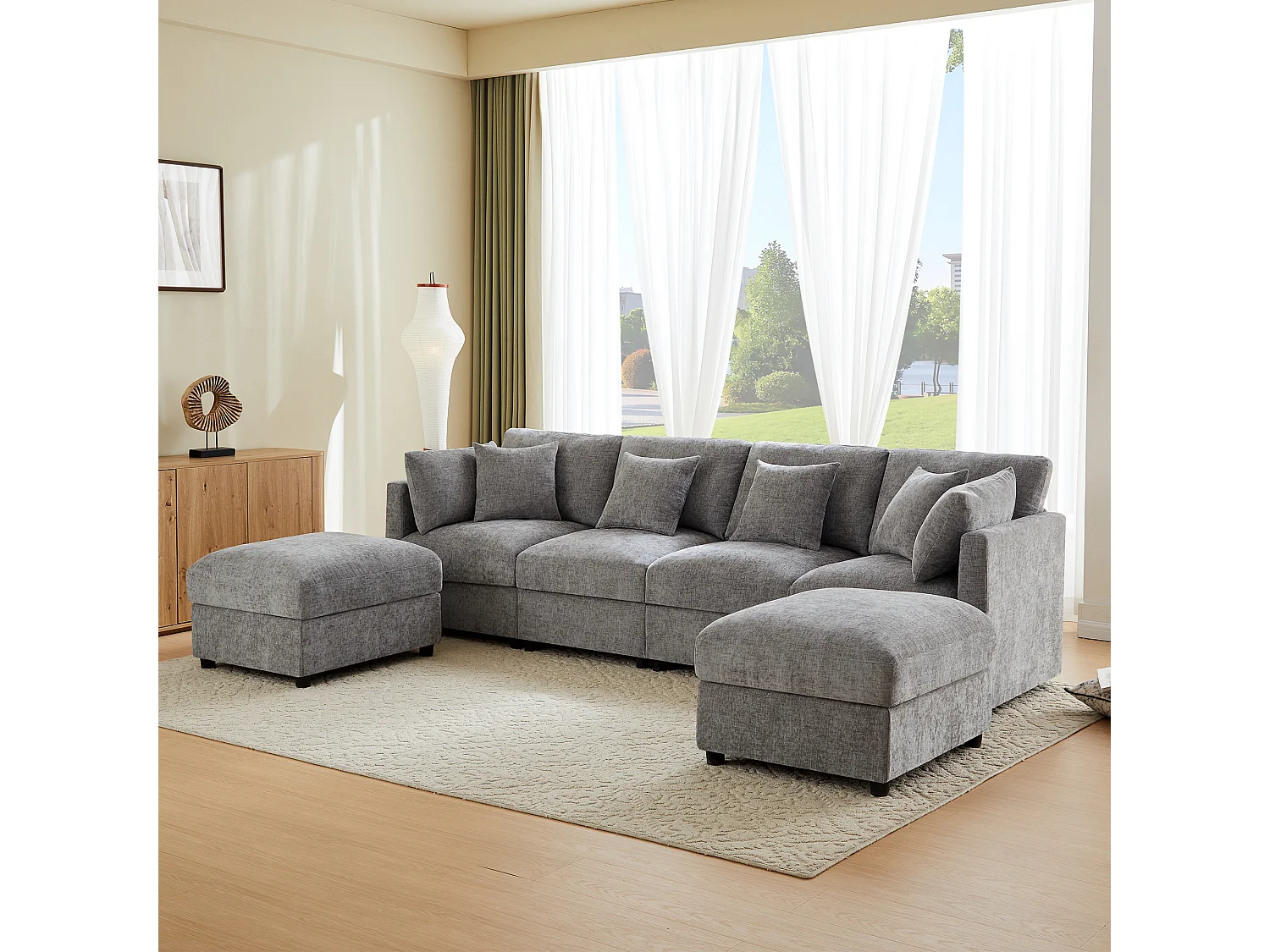 Ensemble canapé 6 places - 284 x 156.5 x 86 cm - avec 2 poufs + accoudoirs réglables + 4 coussins + 2 appuie-têtes - velours - gris