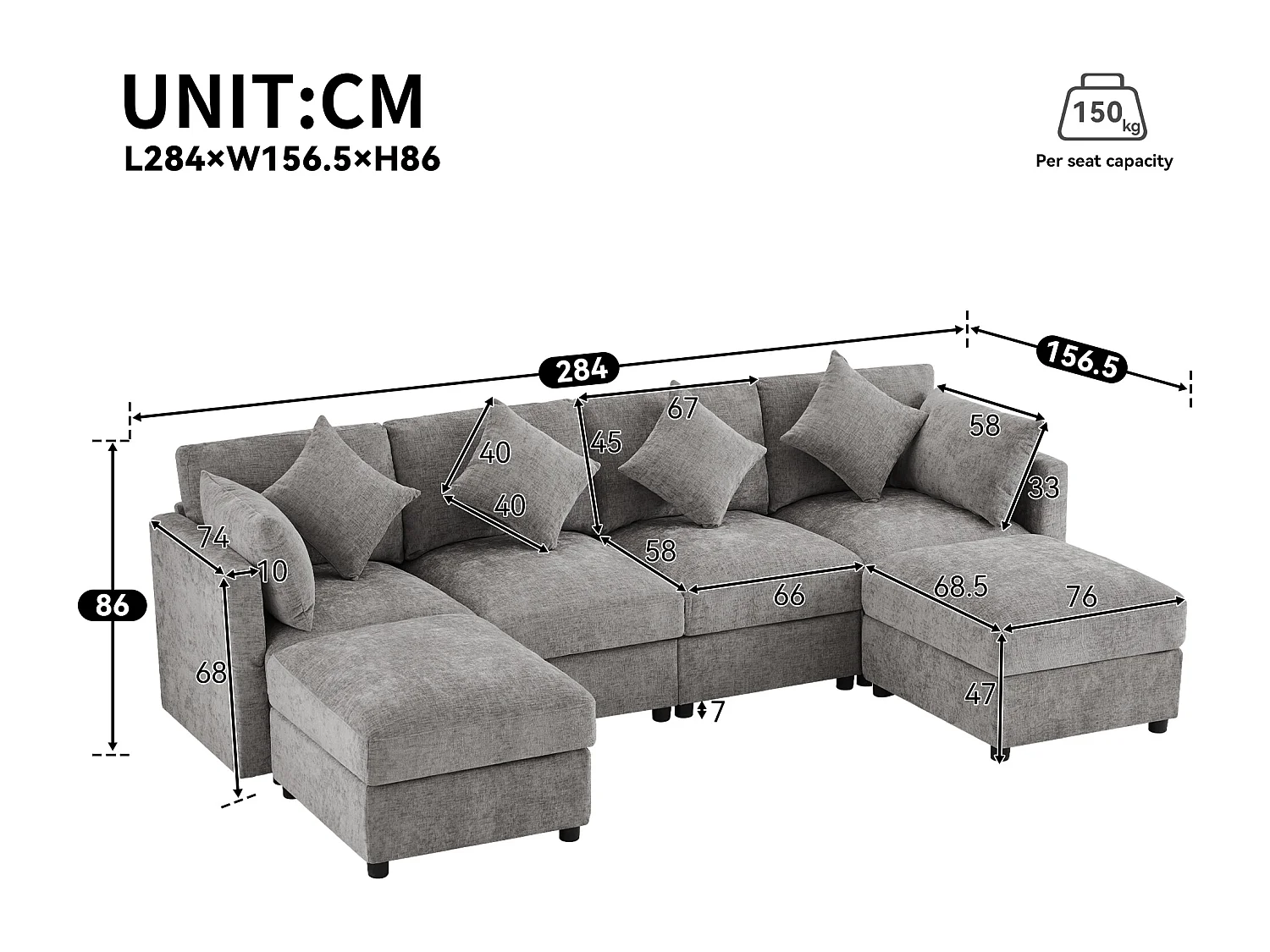 Ensemble canapé 6 places - 284 x 156.5 x 86 cm - avec 2 poufs + accoudoirs réglables + 4 coussins + 2 appuie-têtes - velours - gris