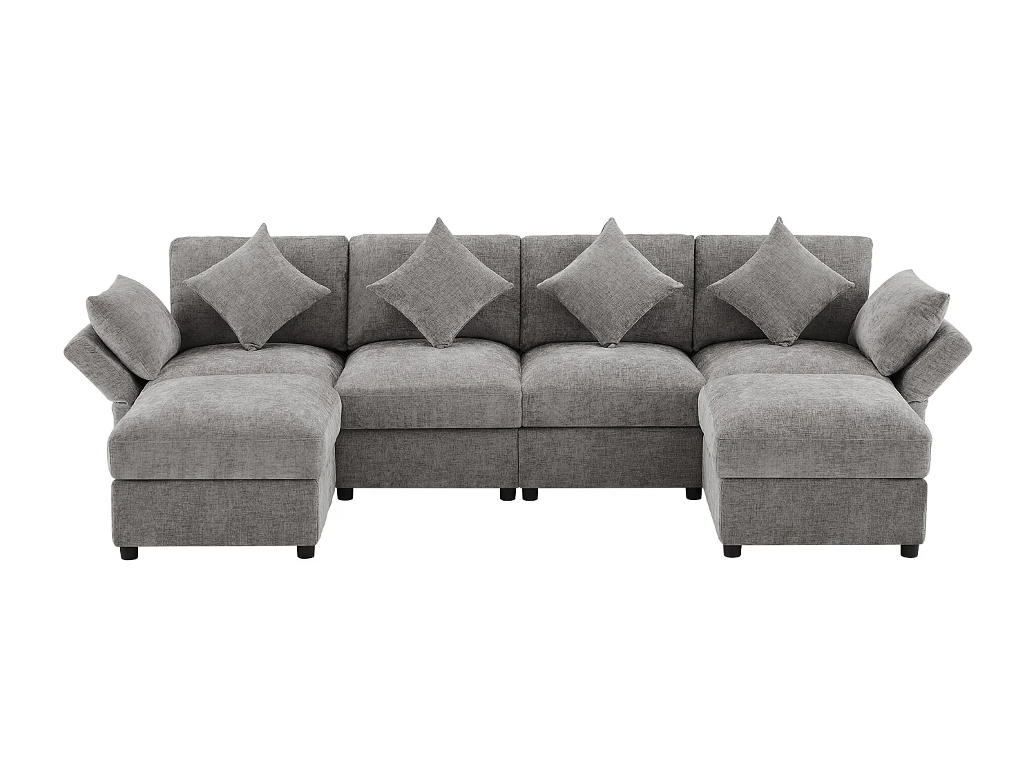 Ensemble canapé 6 places - 284 x 156.5 x 86 cm - avec 2 poufs + accoudoirs réglables + 4 coussins + 2 appuie-têtes - velours - gris
