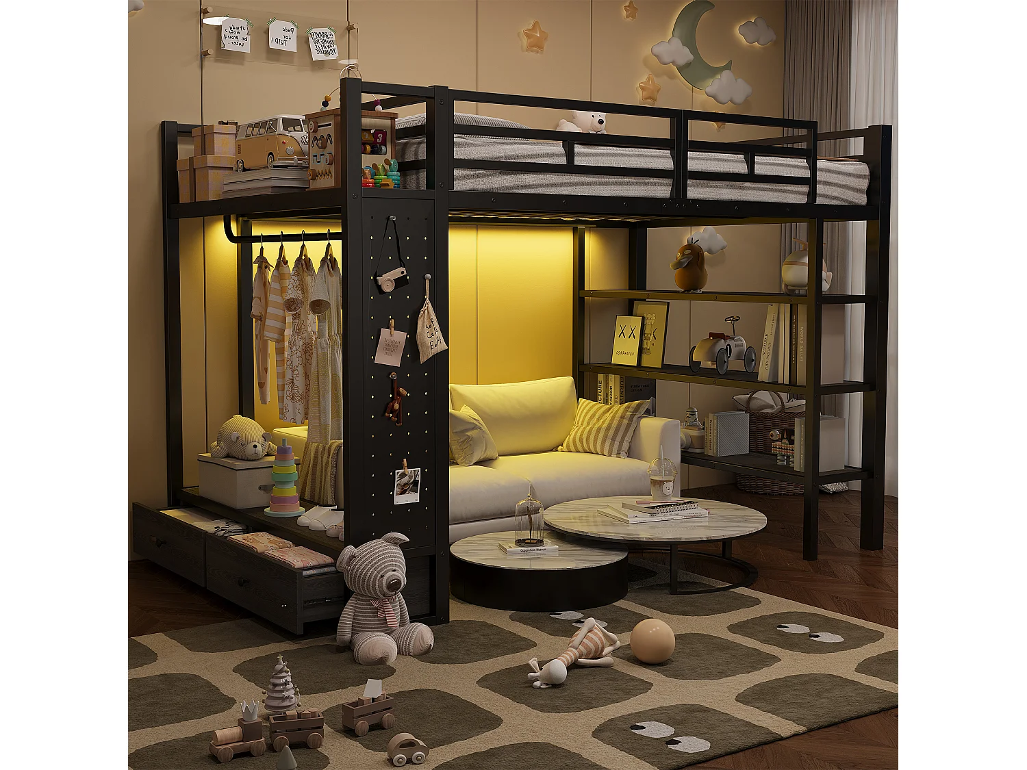 Metalen hoogslaper voor kinderen - 140 x 200 cm - met open kledingkast + opbergplank + ledverlichting + 2 lades - zwart