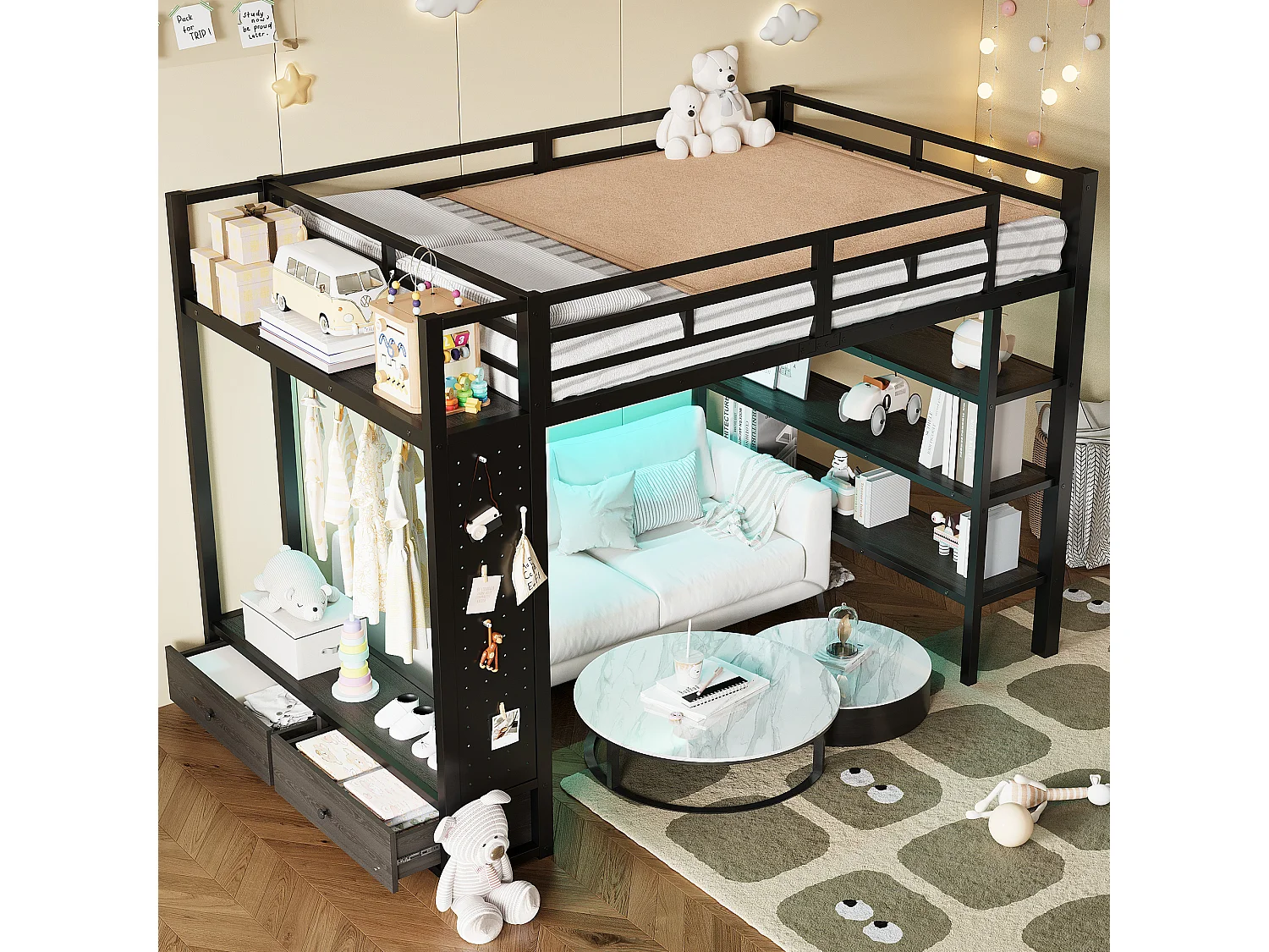 Metalen hoogslaper voor kinderen - 140 x 200 cm - met open kledingkast + opbergplank + ledverlichting + 2 lades - zwart