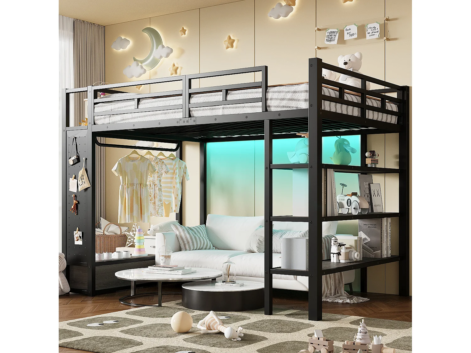 Metalen hoogslaper voor kinderen - 140 x 200 cm - met open kledingkast + opbergplank + ledverlichting + 2 lades - zwart