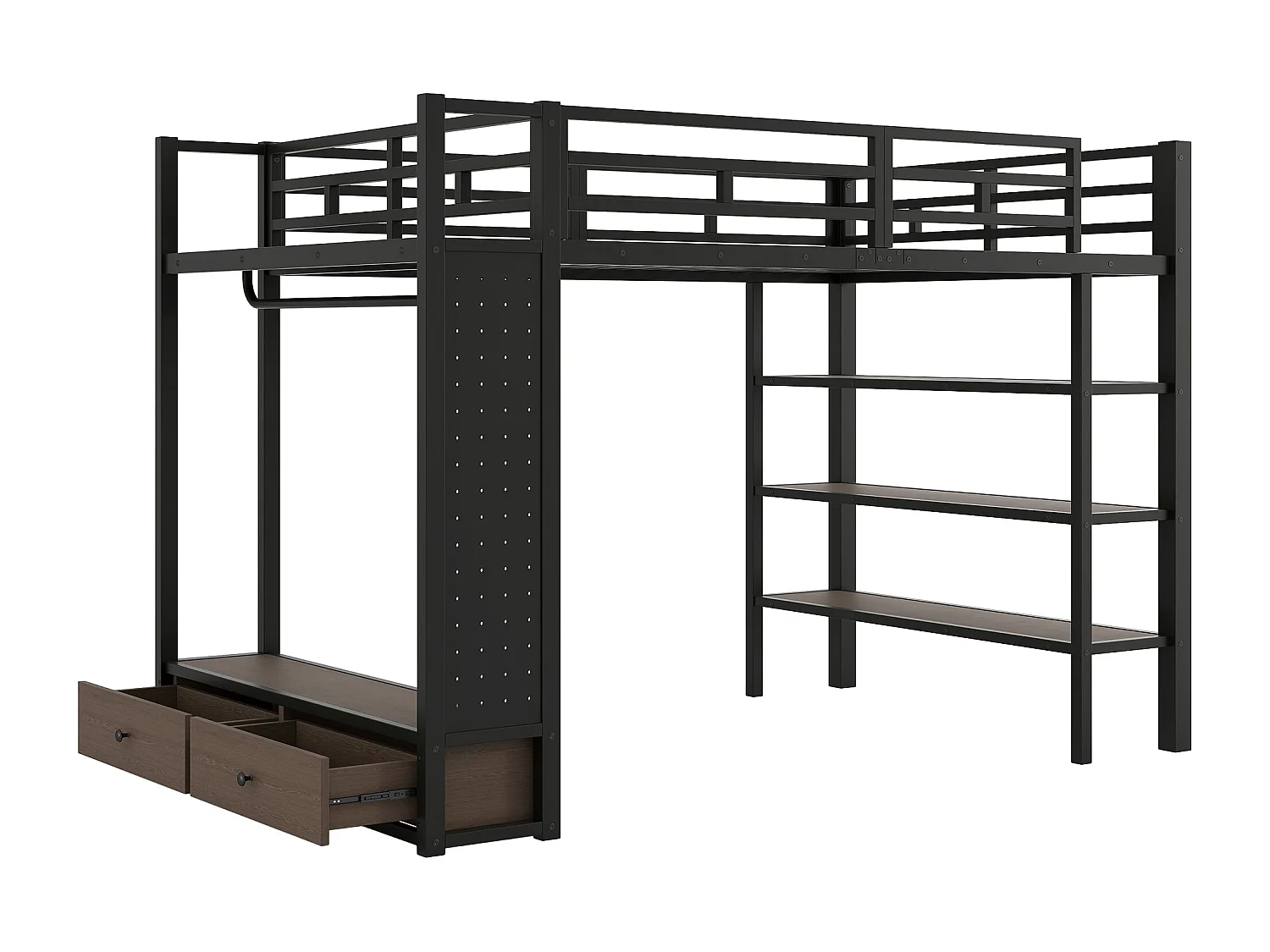 Metalen hoogslaper voor kinderen - 140 x 200 cm - met open kledingkast + opbergplank + ledverlichting + 2 lades - zwart