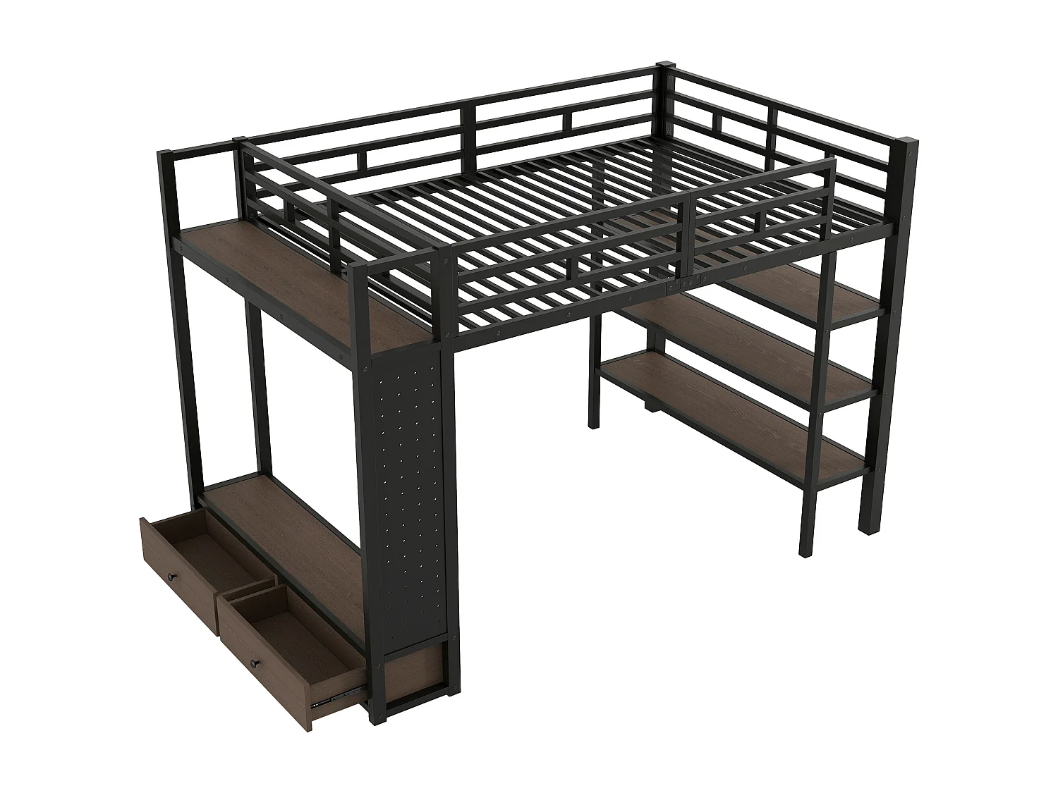 Metalen hoogslaper voor kinderen - 140 x 200 cm - met open kledingkast + opbergplank + ledverlichting + 2 lades - zwart