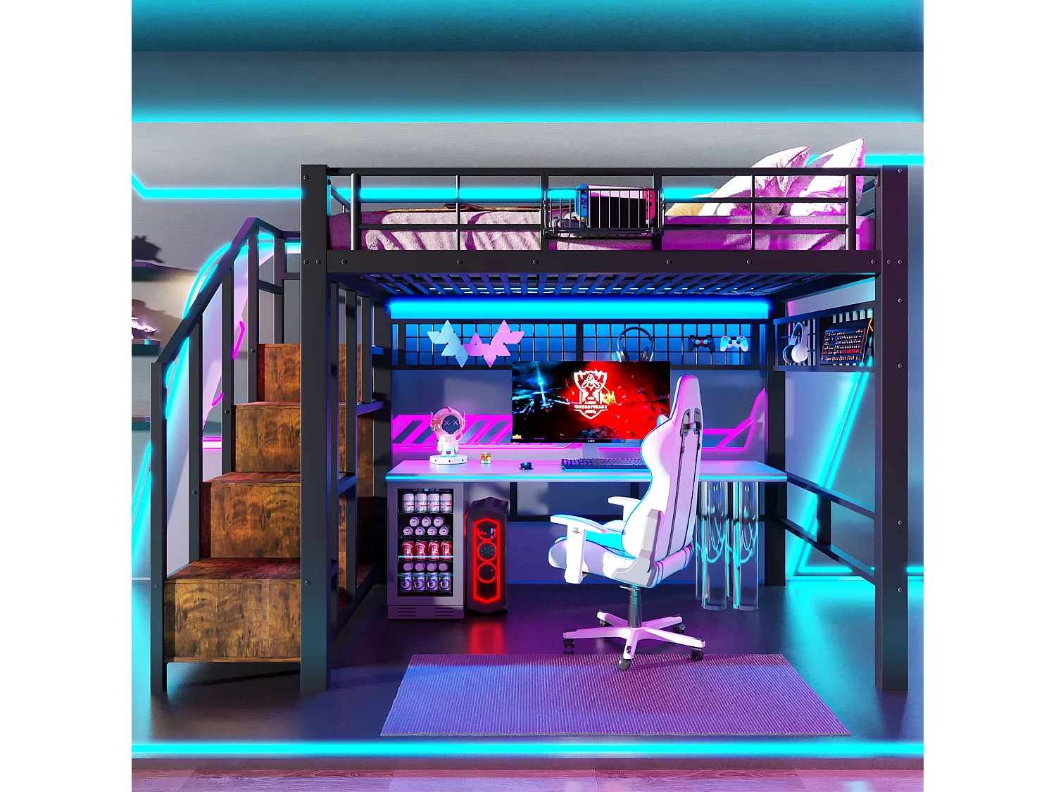 Lit mezzanine en métal pour enfant - 140 x 200 cm - avec Leds + escalier de rangement - noir