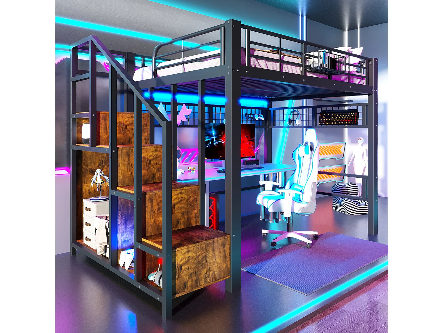 Lit mezzanine en métal pour enfant - 140 x 200 cm - avec Leds + escalier de rangement - noir