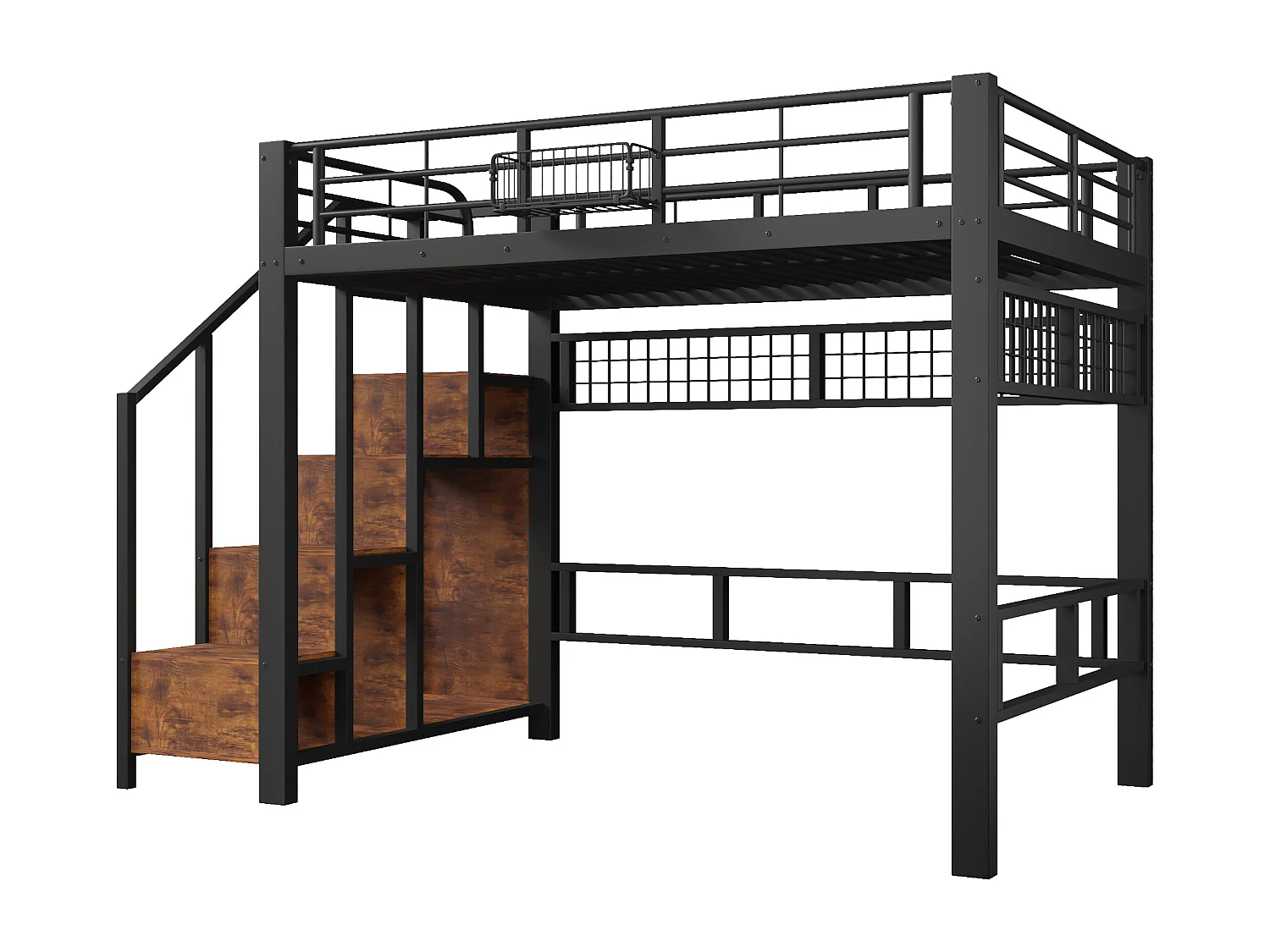 Lit mezzanine en métal pour enfant - 140 x 200 cm - avec Leds + escalier de rangement - noir