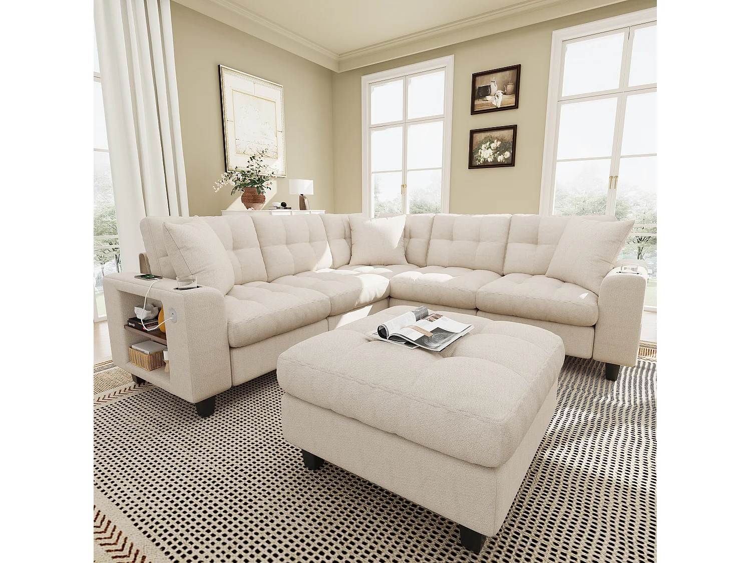 Set di divani angolari modulari a 6 posti - con braccioli a libreria + pouf removibile + USB - ciniglia - beige