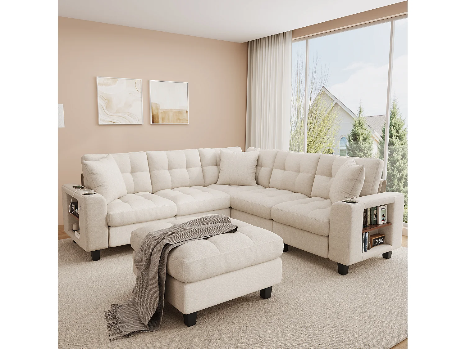 Set di divani angolari modulari a 6 posti - con braccioli a libreria + pouf removibile + USB - ciniglia - beige