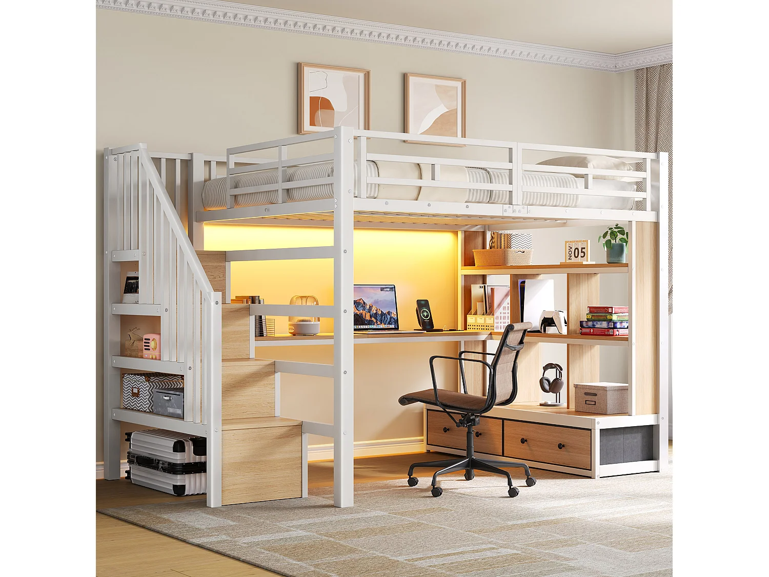 Metall-Hochbett – 140 x 200 cm – mit Schreibtisch, Regalen, 2 Schubladen und Leiter mit Stauraum – weiß