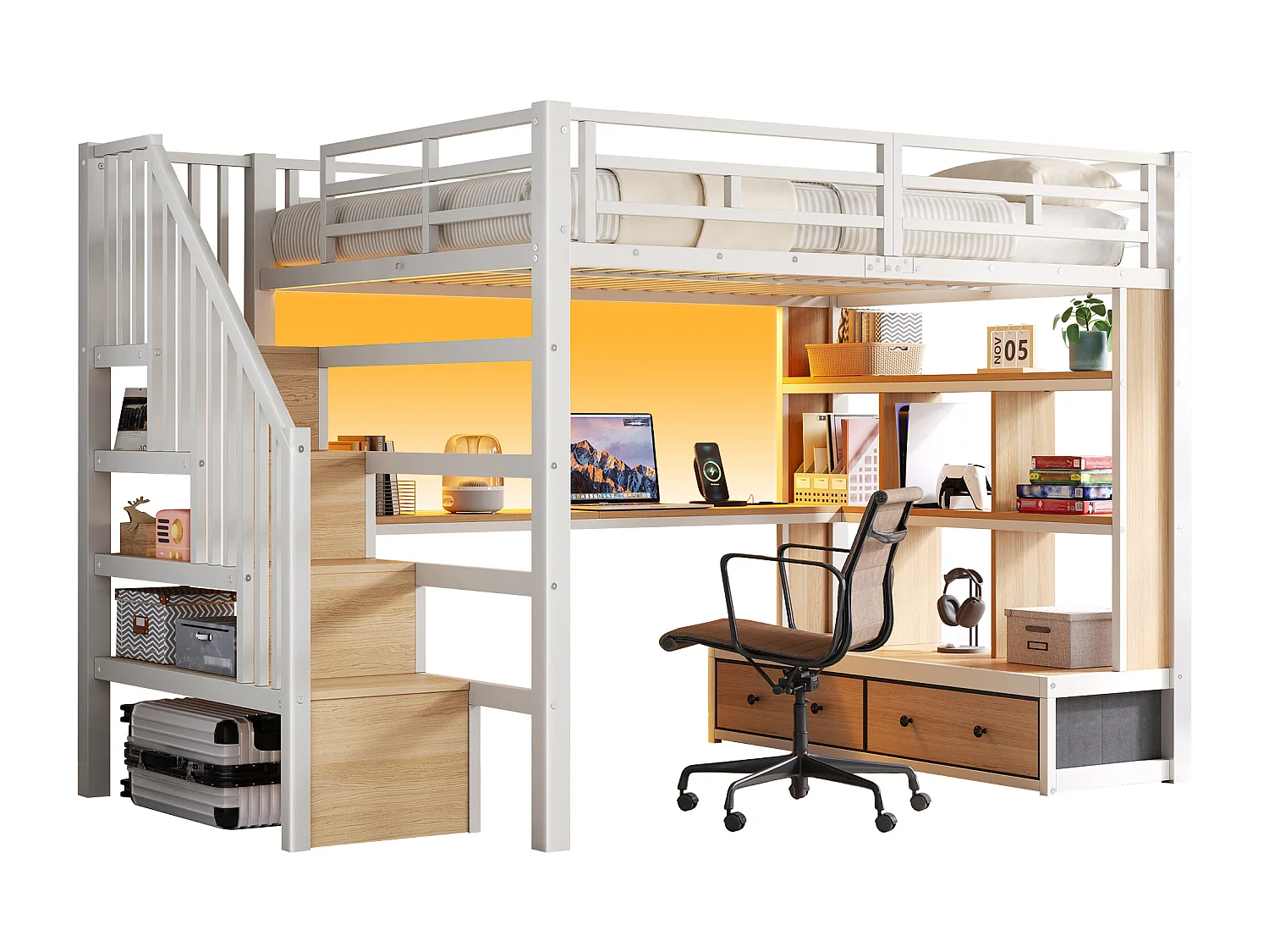 Metall-Hochbett – 140 x 200 cm – mit Schreibtisch, Regalen, 2 Schubladen und Leiter mit Stauraum – weiß