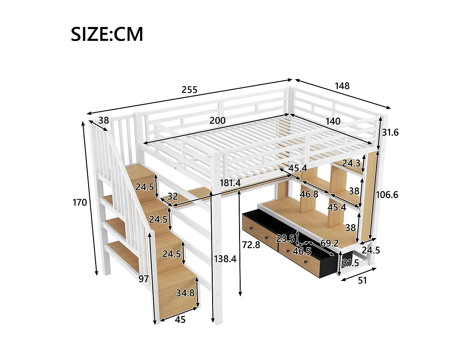 Metall-Hochbett – 140 x 200 cm – mit Schreibtisch, Regalen, 2 Schubladen und Leiter mit Stauraum – weiß