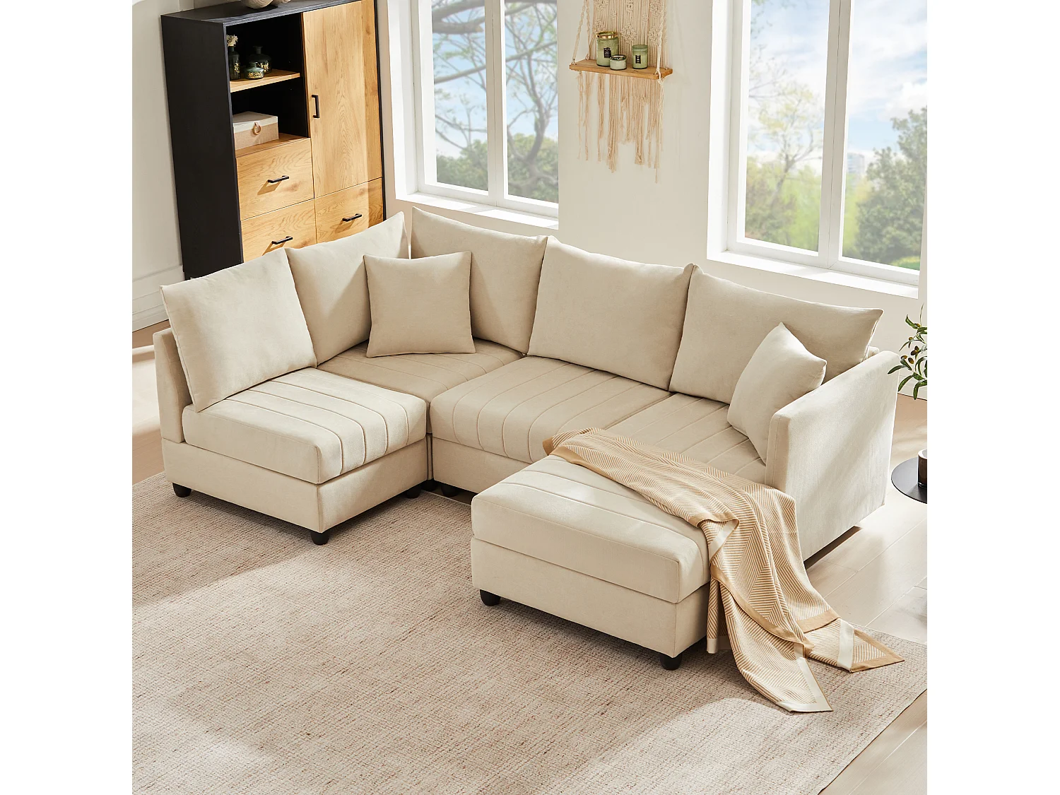 Set divano modulare a 5 posti - 220 x 194 x 85 cm - con poggiapiedi trasformabile - Cotone e lino - beige