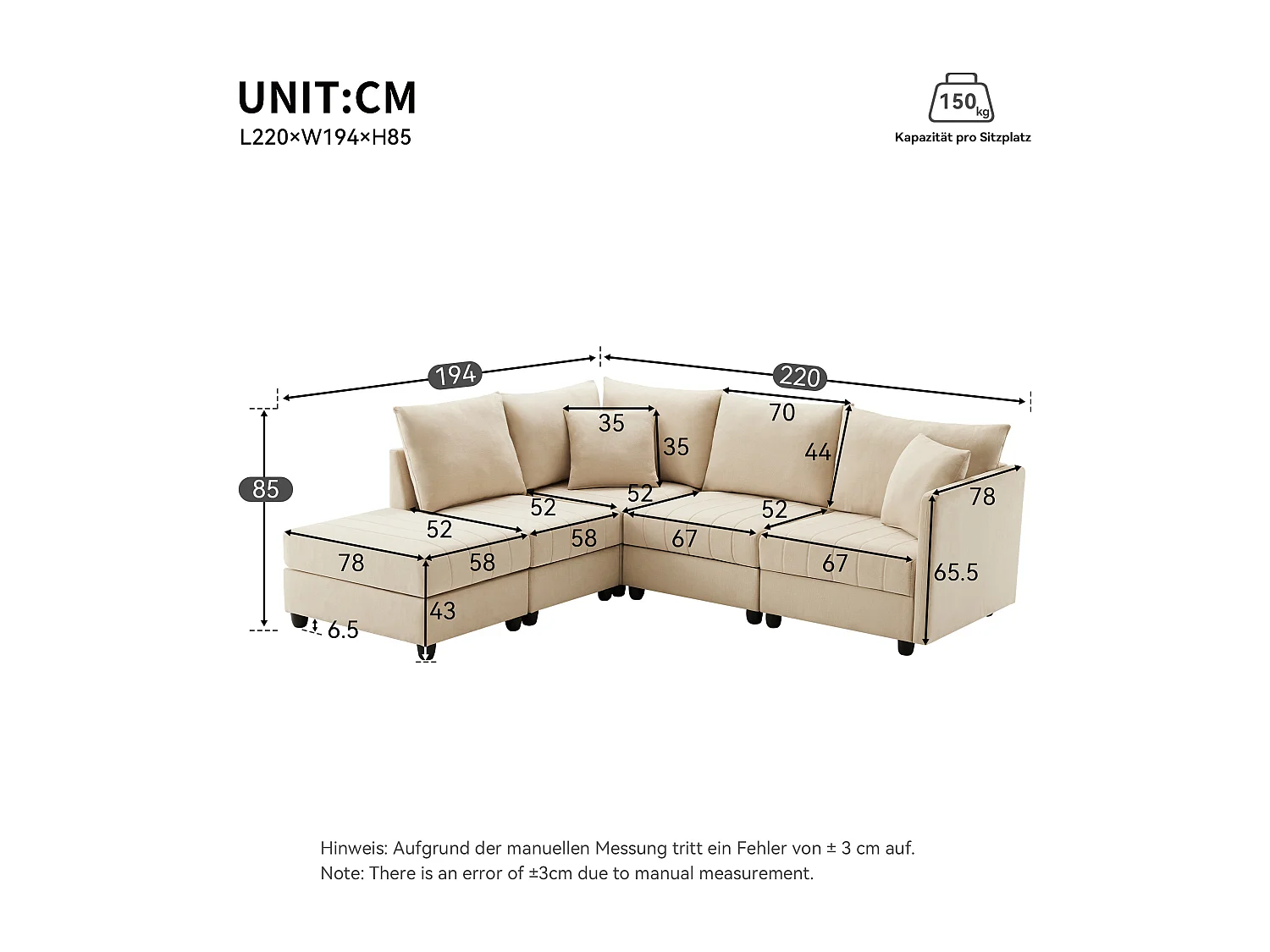 Set divano modulare a 5 posti - 220 x 194 x 85 cm - con poggiapiedi trasformabile - Cotone e lino - beige