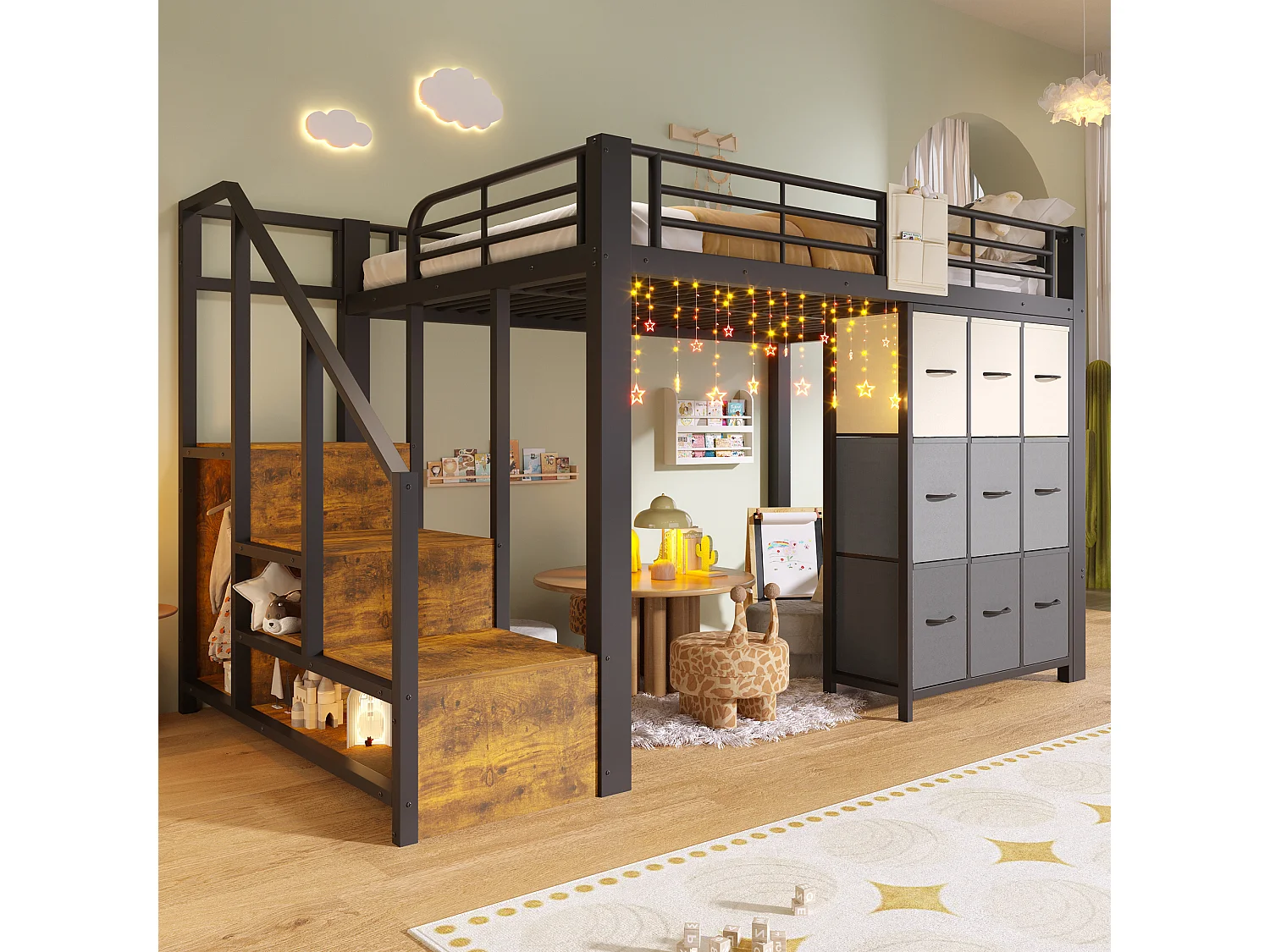 Lit mezzanine en métal - 140 x 200 cm - avec commode à 9 tiroirs + penderie + escalier avec rangement - noir