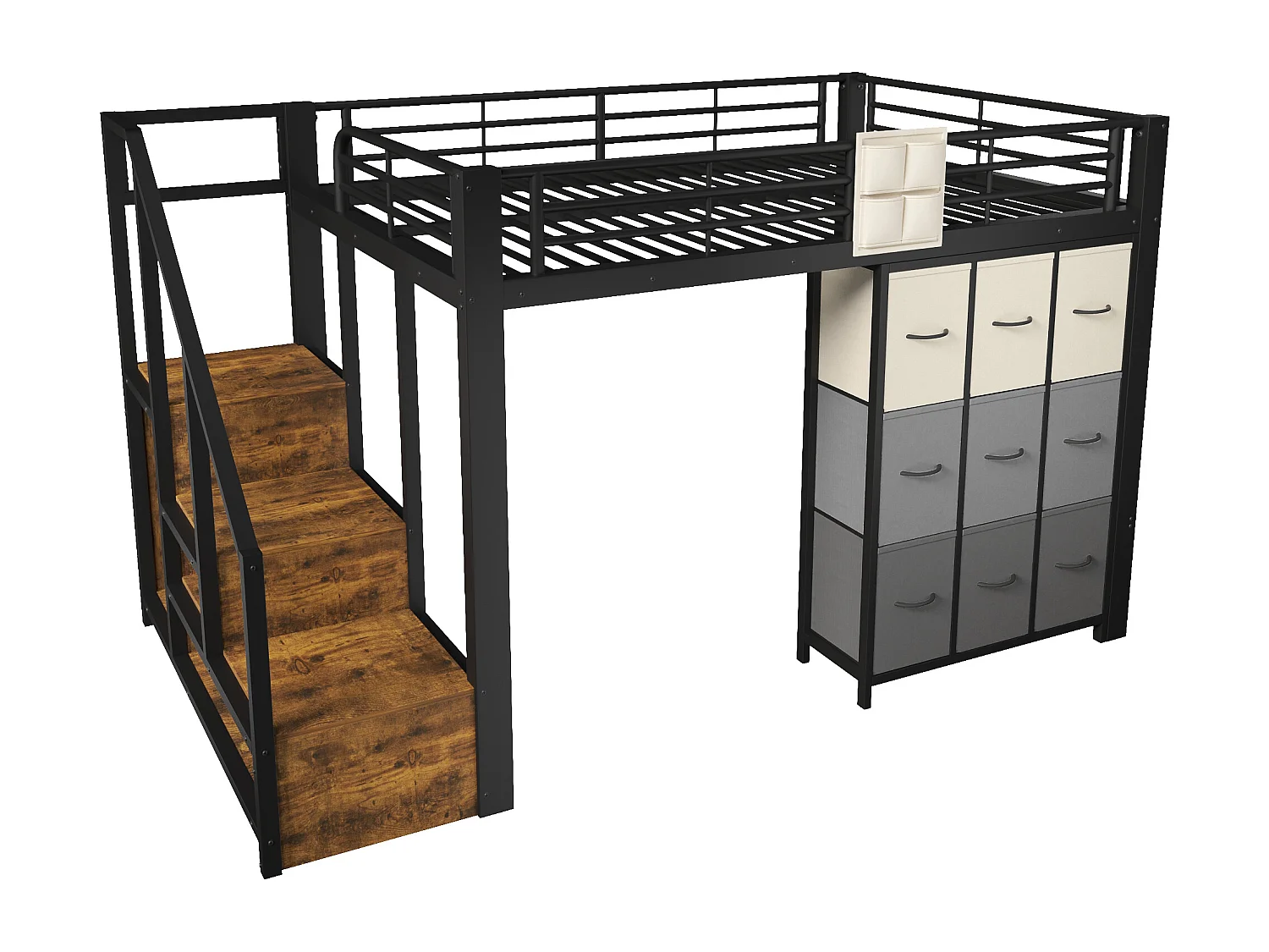 Lit mezzanine en métal - 140 x 200 cm - avec commode à 9 tiroirs + penderie + escalier avec rangement - noir